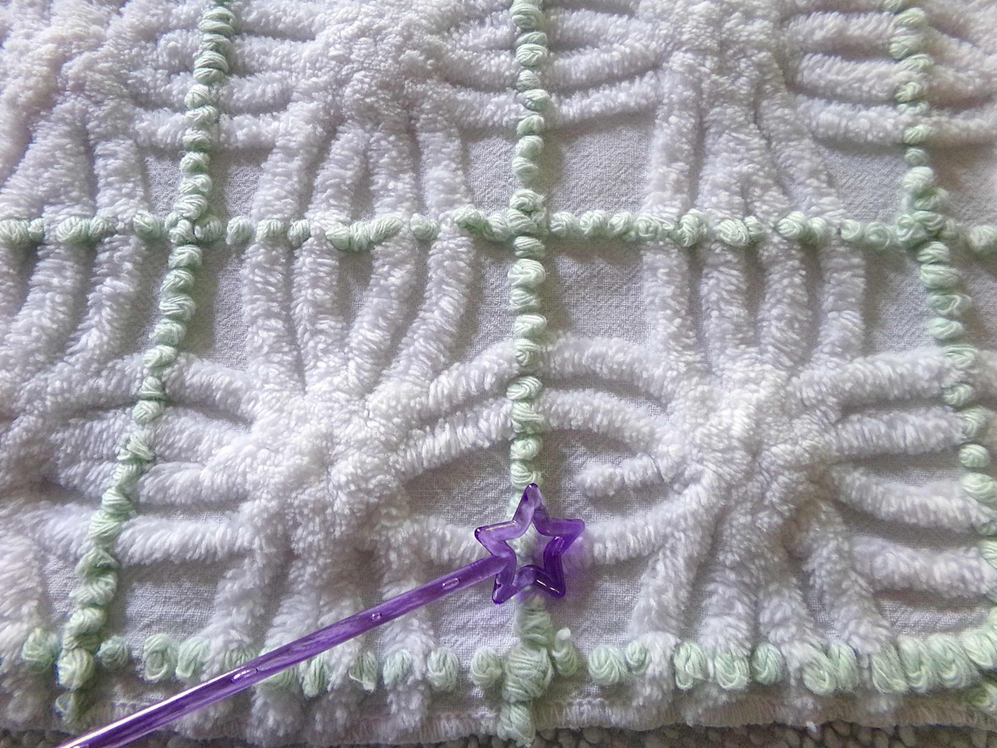 Popular Vintage Chenille Quilt Fabric, Mint Green Pearl Pops & White Spider Rings, 25" x 18" inch Piece