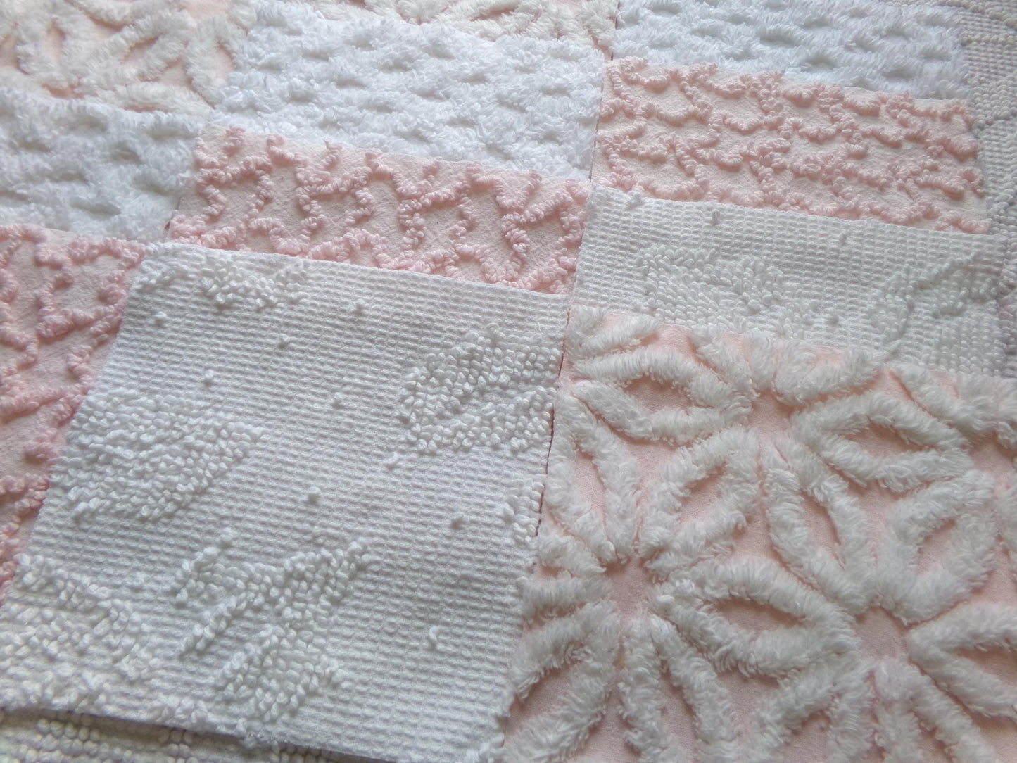 pink & white vintage 6" chenille squares, set of 12 quilt blocks in a lovely selection of popular patterns for sewing, crafts