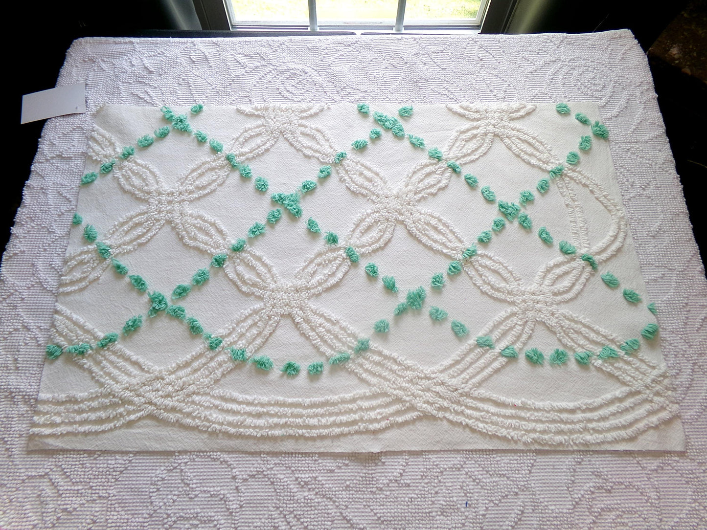elegant ivory jade vintage chenille fabric, 17" x 26" piece of geometric dot sewing material