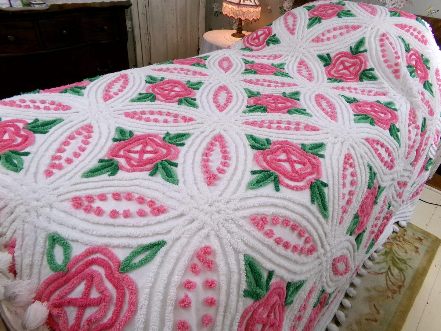 princess pink rose vintage chenille bedspread, cabbage roses on white with pom pom trim, 100% cotton full size cottage bedding