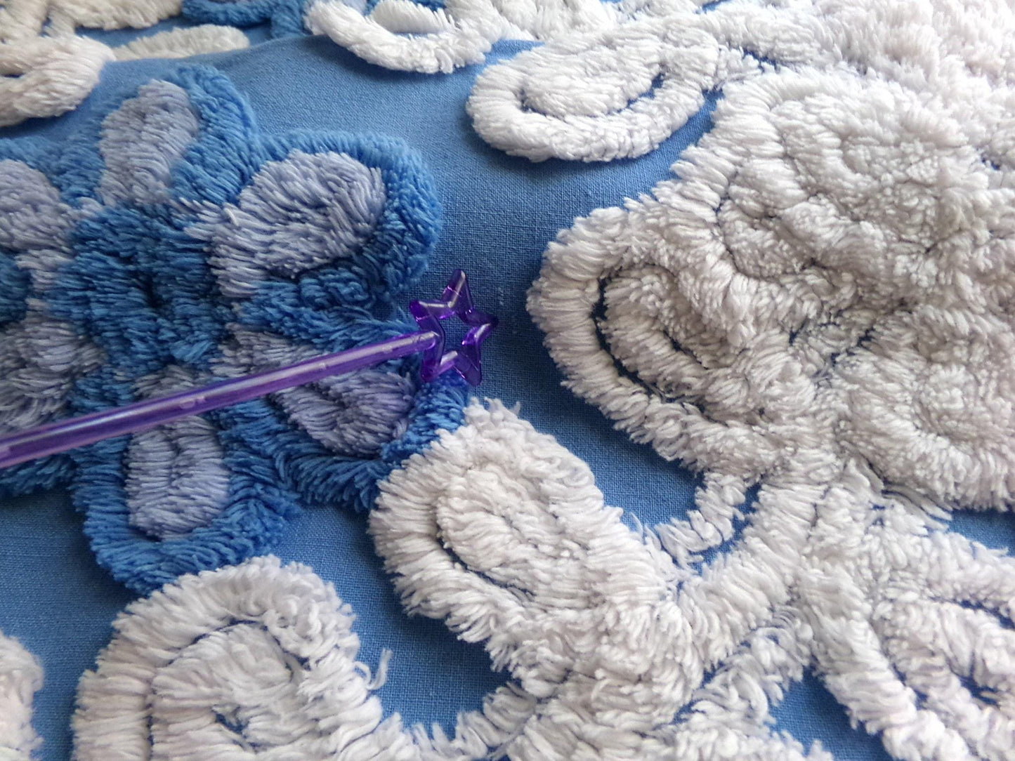 coastal cute blue chenille fabric, plush white swirls surround single flowers, 18" x 24" inch piece of vintage sewing material