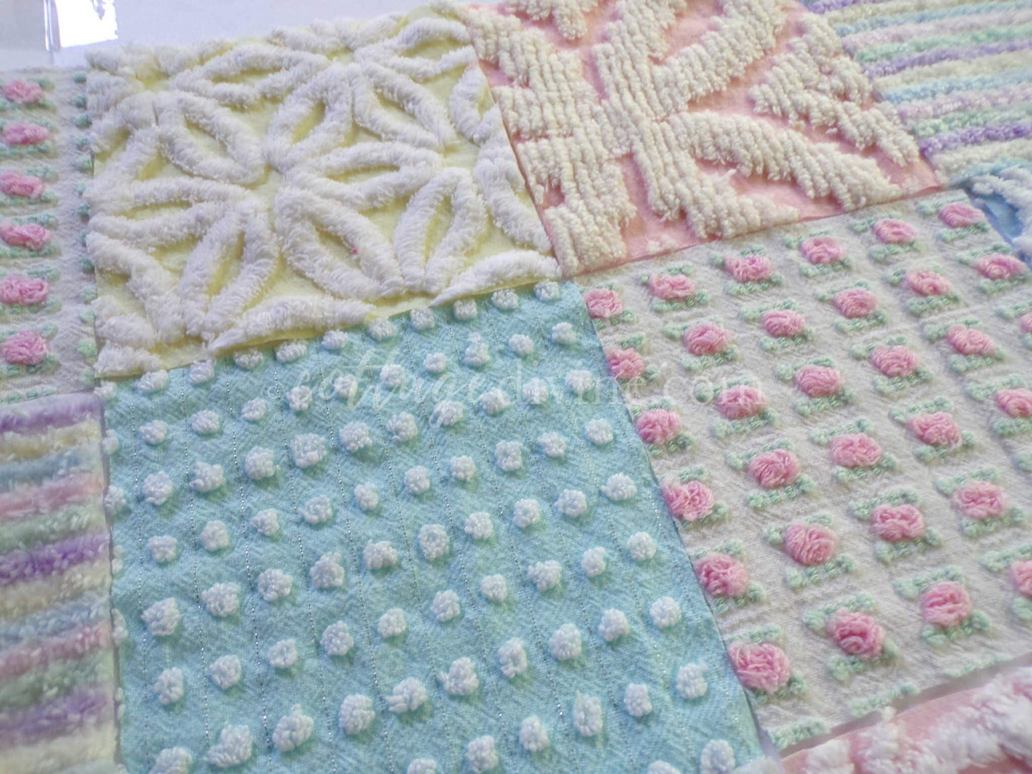 Rainbow Pastel Quilt Squares Set, Rotary Cut from Vintage Chenille Bedspread Fabric, 16 Blocks, 6" x 6" inch for quilting, sewing, crafts