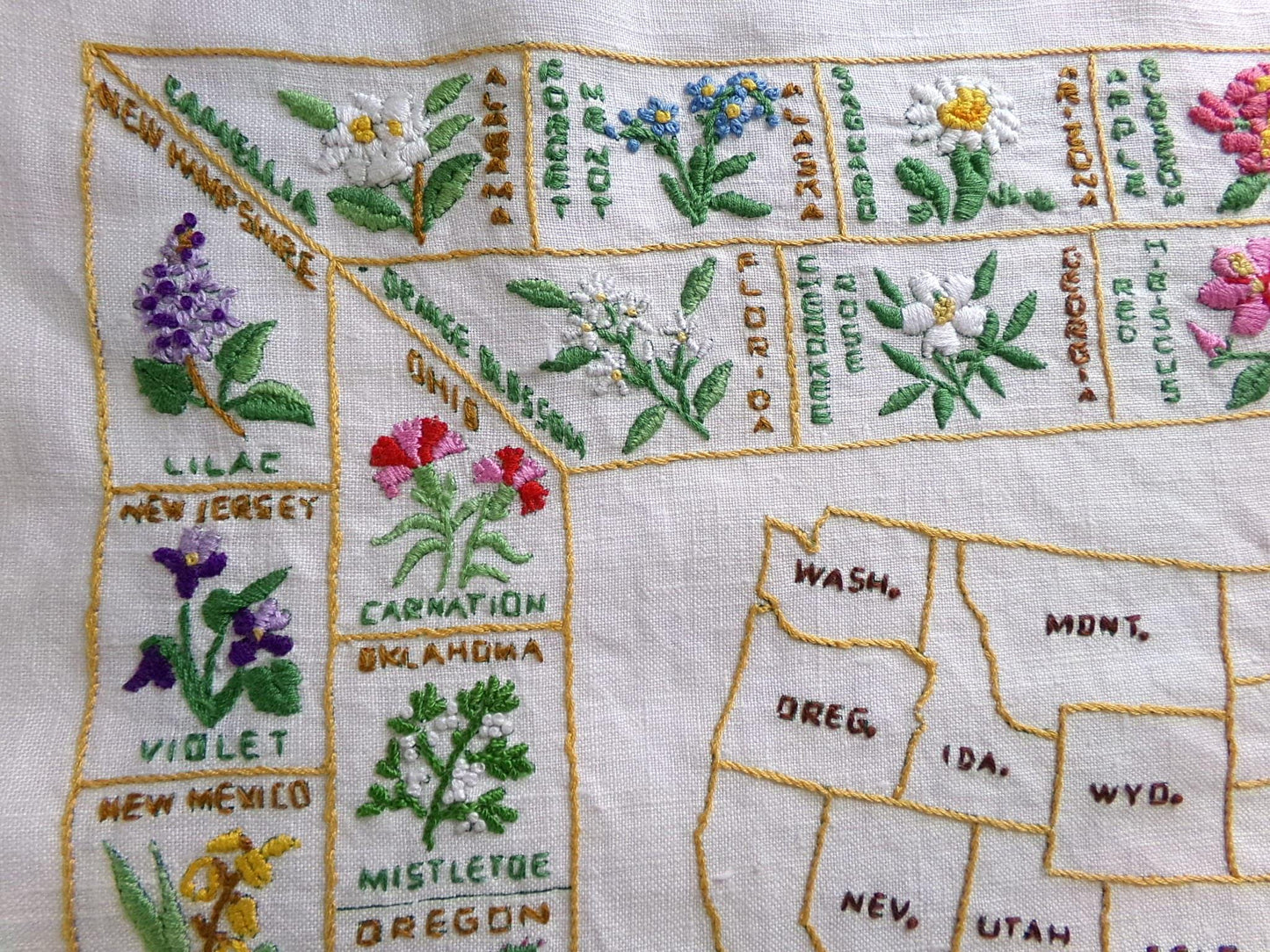 Vintage Embroidery Sampler 50 United States Flowers USA Map Heirloom Piece on 100% Belgian Linen, Paragon Stitchery, Completed, Unframed