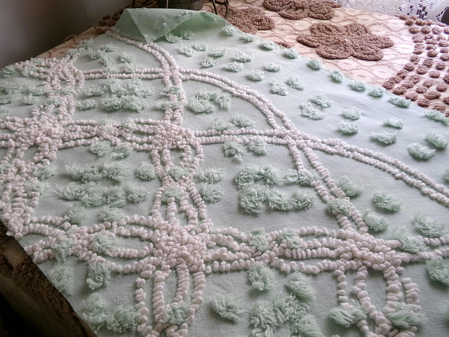Creamy Mint Green Vintage Chenille Fabric, 20" x 13" inch Piece, White Wedding Ring & Dot Design, Great for Handmade Quilts, Crafts