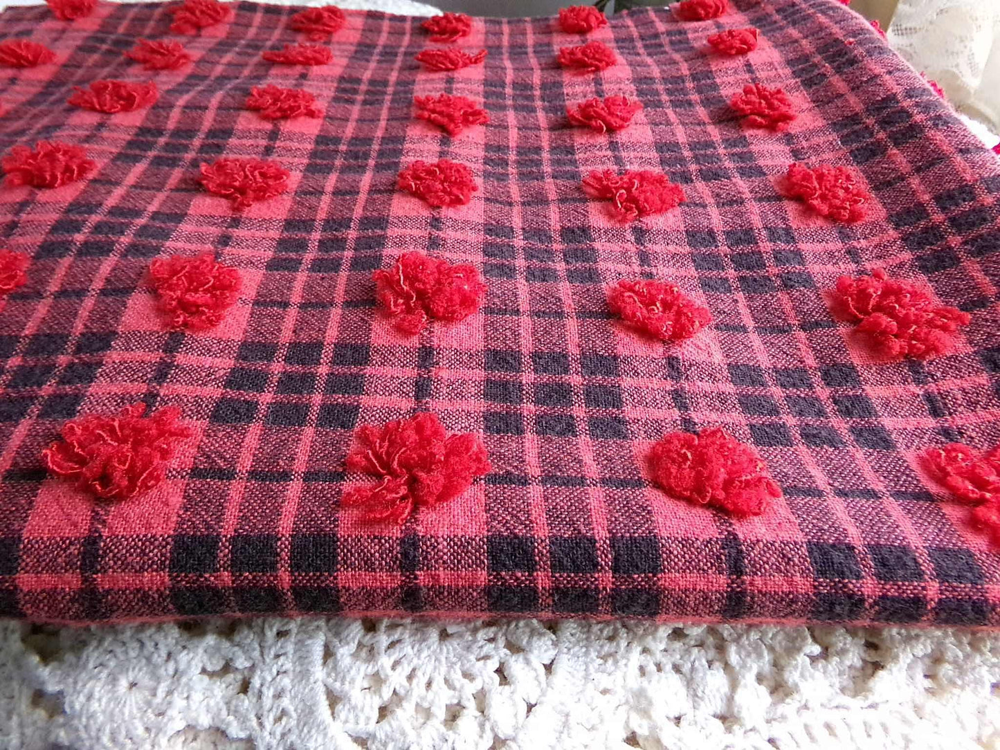 Midnight Black Tartan Plaid Vintage Chenille Bedspread Fabric, Tufted Deep Red Dots, 19" x 26" inch Piece, Lightweight Quilt Material