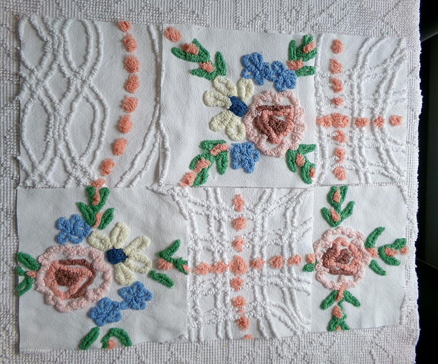 summer garden chenille fabric squares, set of 6 vintage 7.5" quilt blocks, peach, white rose floral & geometric for sewing, crafts, quilting