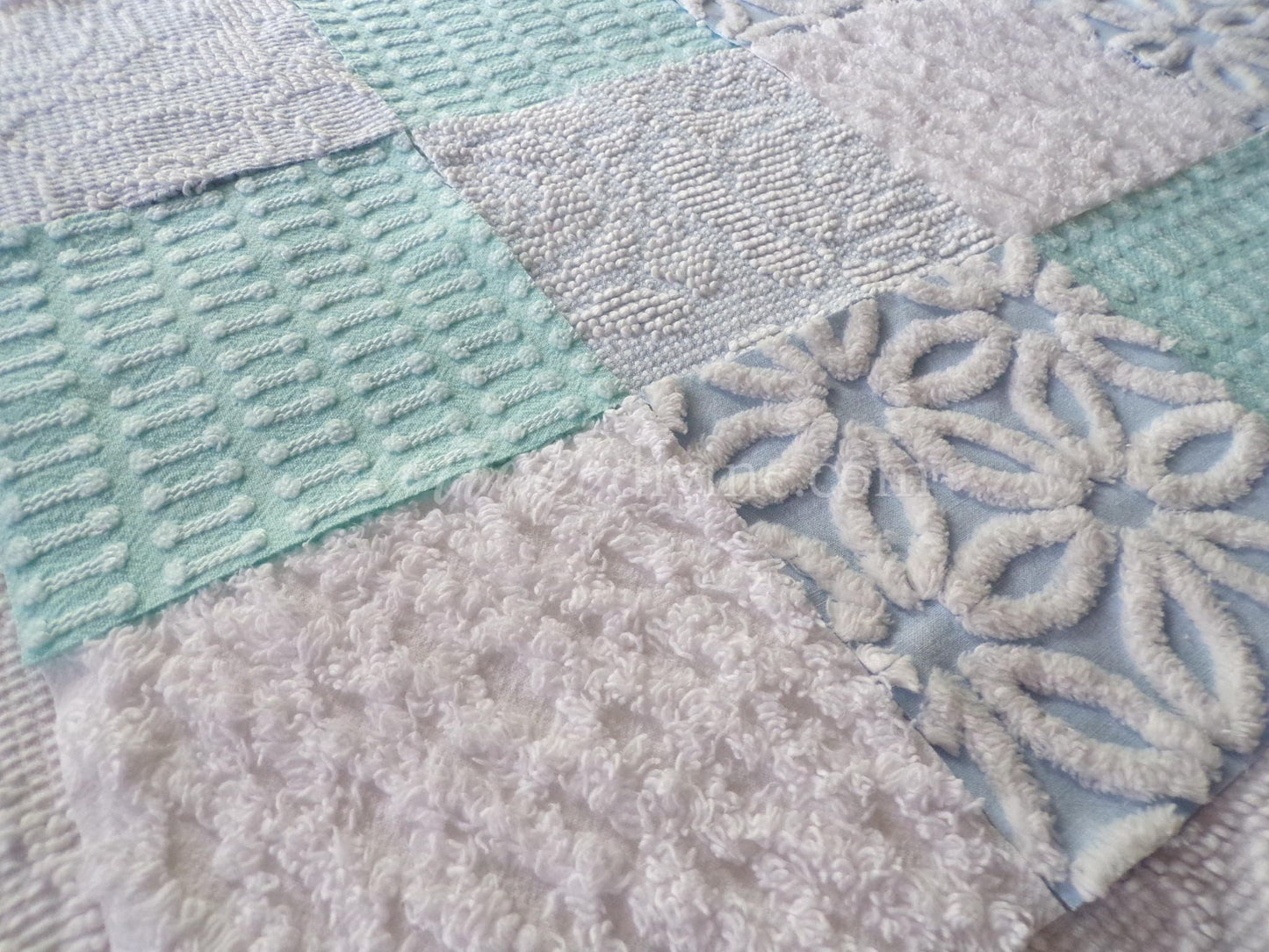 Barefoot on the Beach Chenille Quilt Squares Set from Vintage Bedspread Fabric, 16 Blocks, 6" x 6" inch, Coastal Blues & White