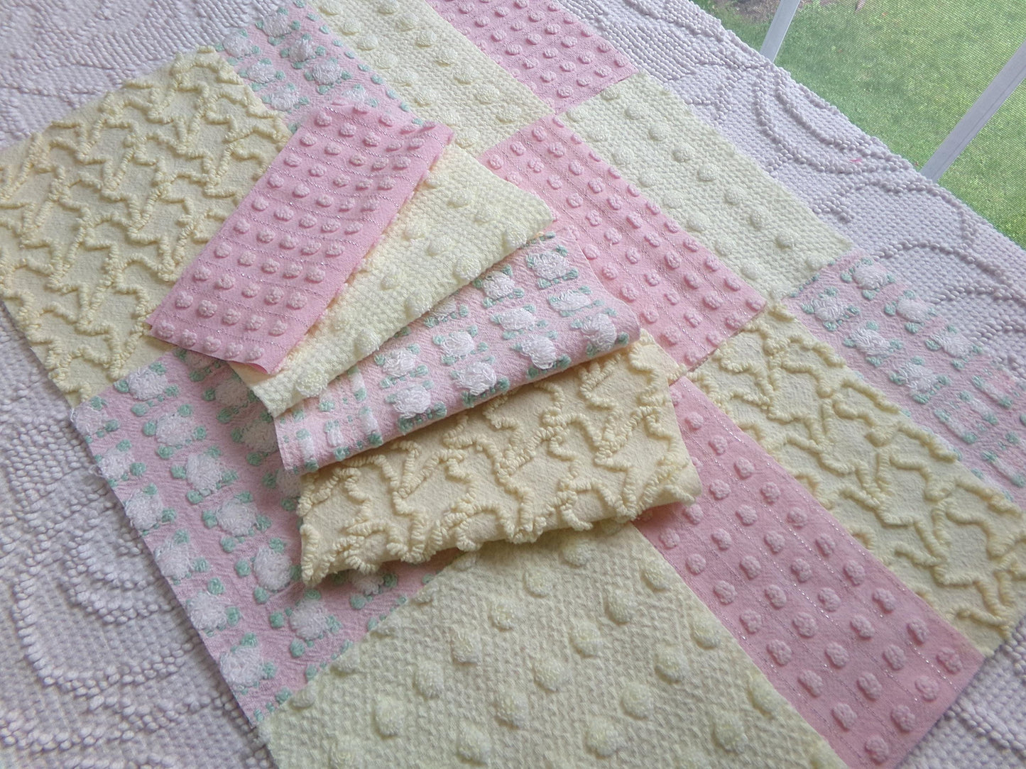 cheerful spring chenille fabric squares, set of 16 vintage pink & yellow quilt blocks 6" ea, rosebud, squiggles for crafts, quilting