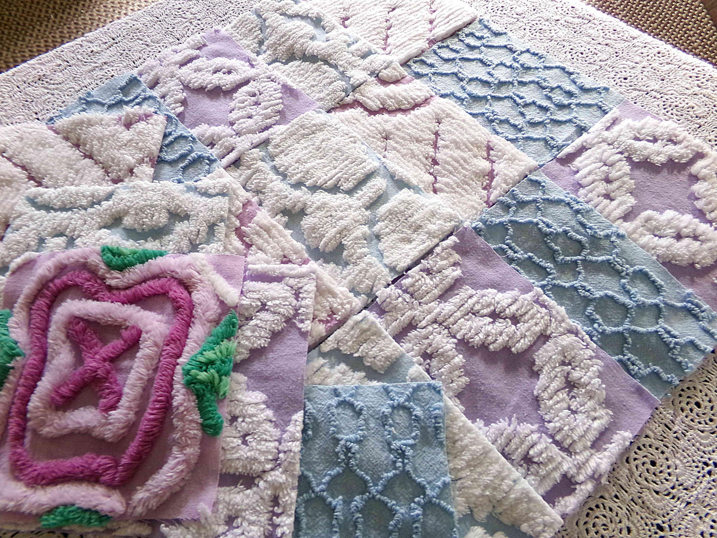 sleep softly chenille fabric squares, serene blue, lilac & white, 17 vintage quilt blocks 6" x 6" inch, for pillows, quilting, crafts