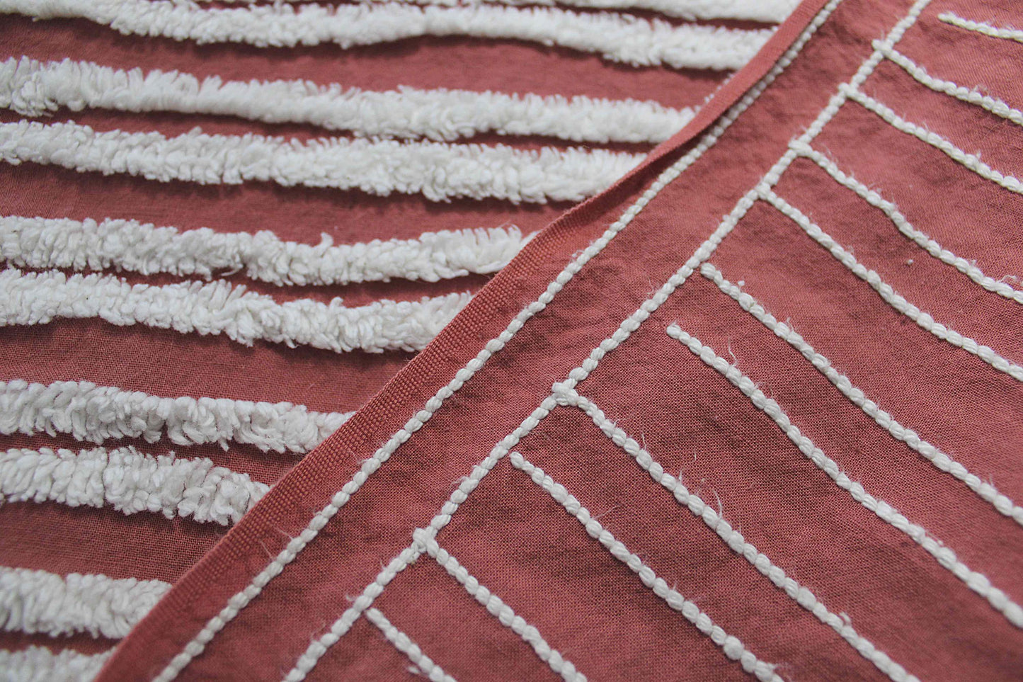 Terracotta & White Striped Vintage Chenille Fabric, Double Stripe Design, 15" x 28" inch piece of Boho Sewing Material for Quilts, Crafts