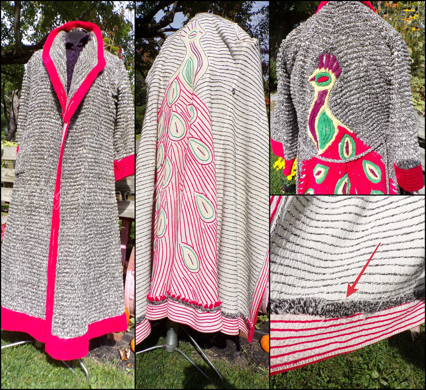 Red Peacock Vintage Women's Chenille Robe, 1940s Salt & Pepper Handmade Bathrobe, Size Small