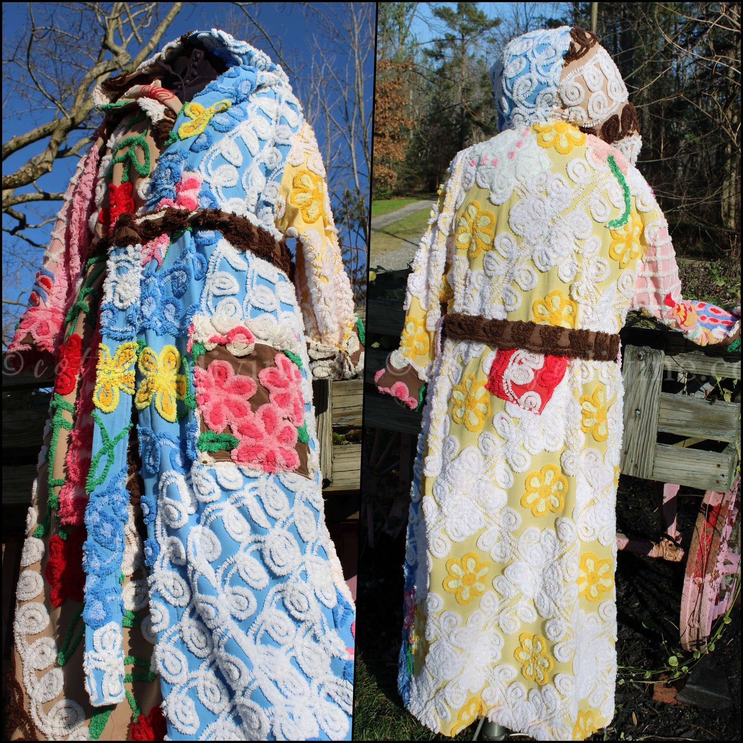 Shabby Patchwork Vintage Chenille Robe, Ladies M/L HOODED Bathrobe, Upcycled Art to Wear