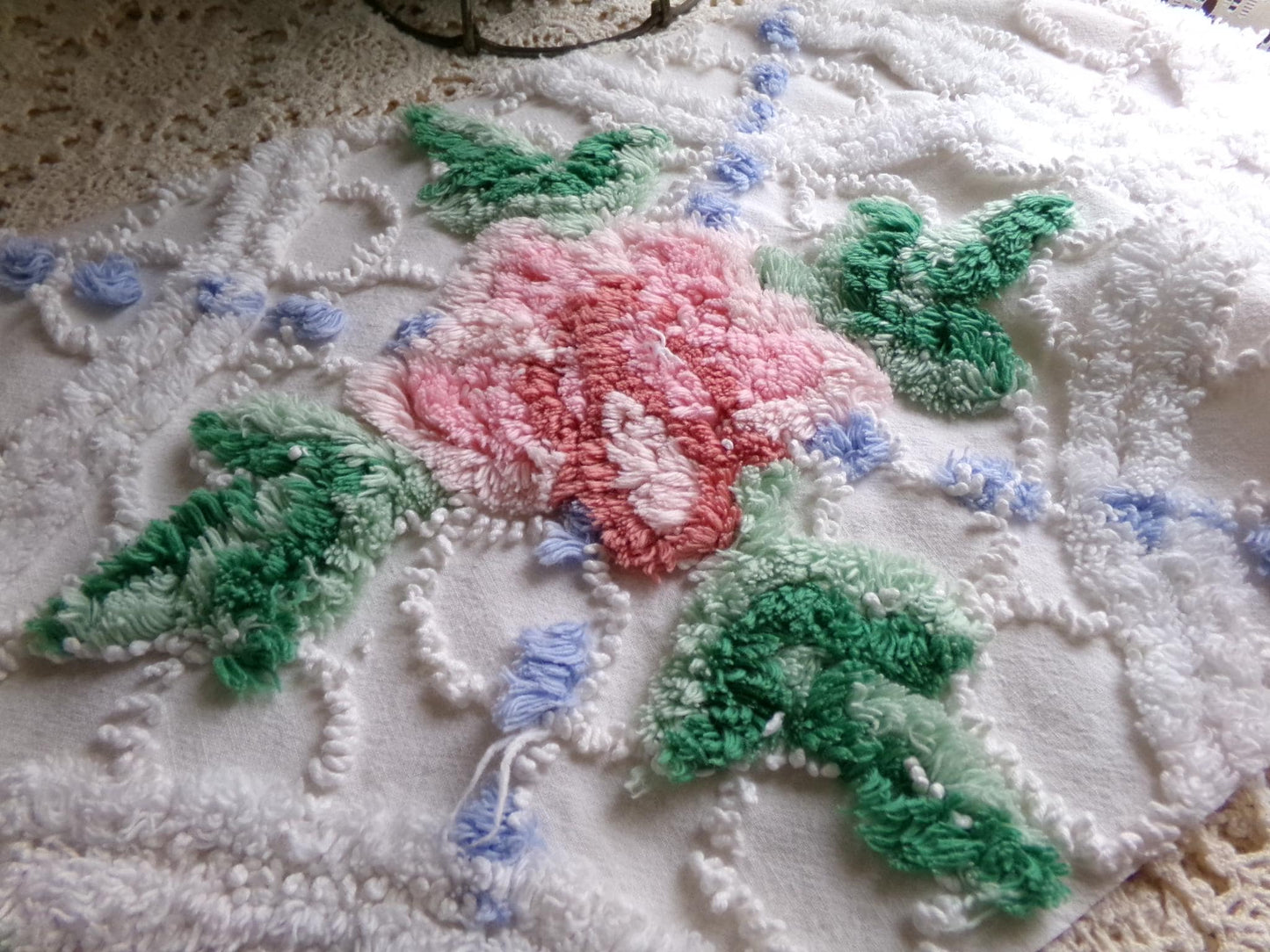 cute plush pink rose fabric piece, vintage tufted chenille cottage style sewing material, 10.5" x 22" inches
