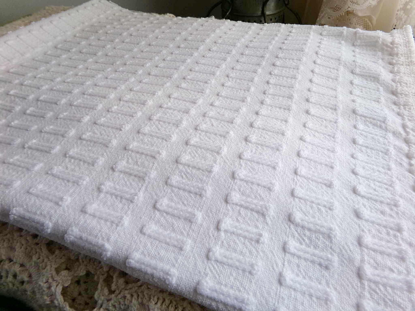 minimalist white vintage chenille fabric: buttonhole design, 18" x 24" cut piece sewing material
