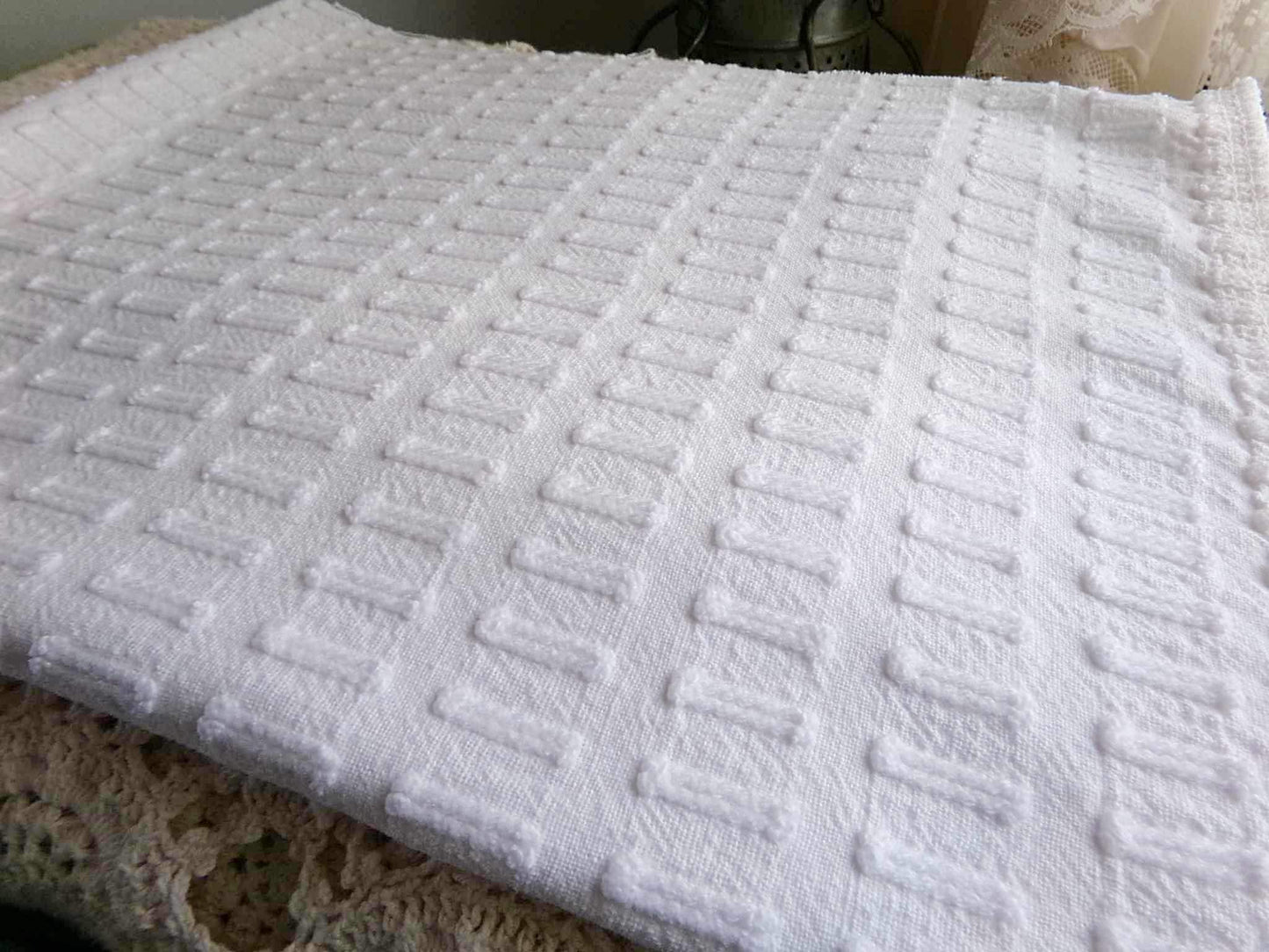 clean crisp white vintage chenille fabric: unique buttonhole design, 19" x 24" cut piece