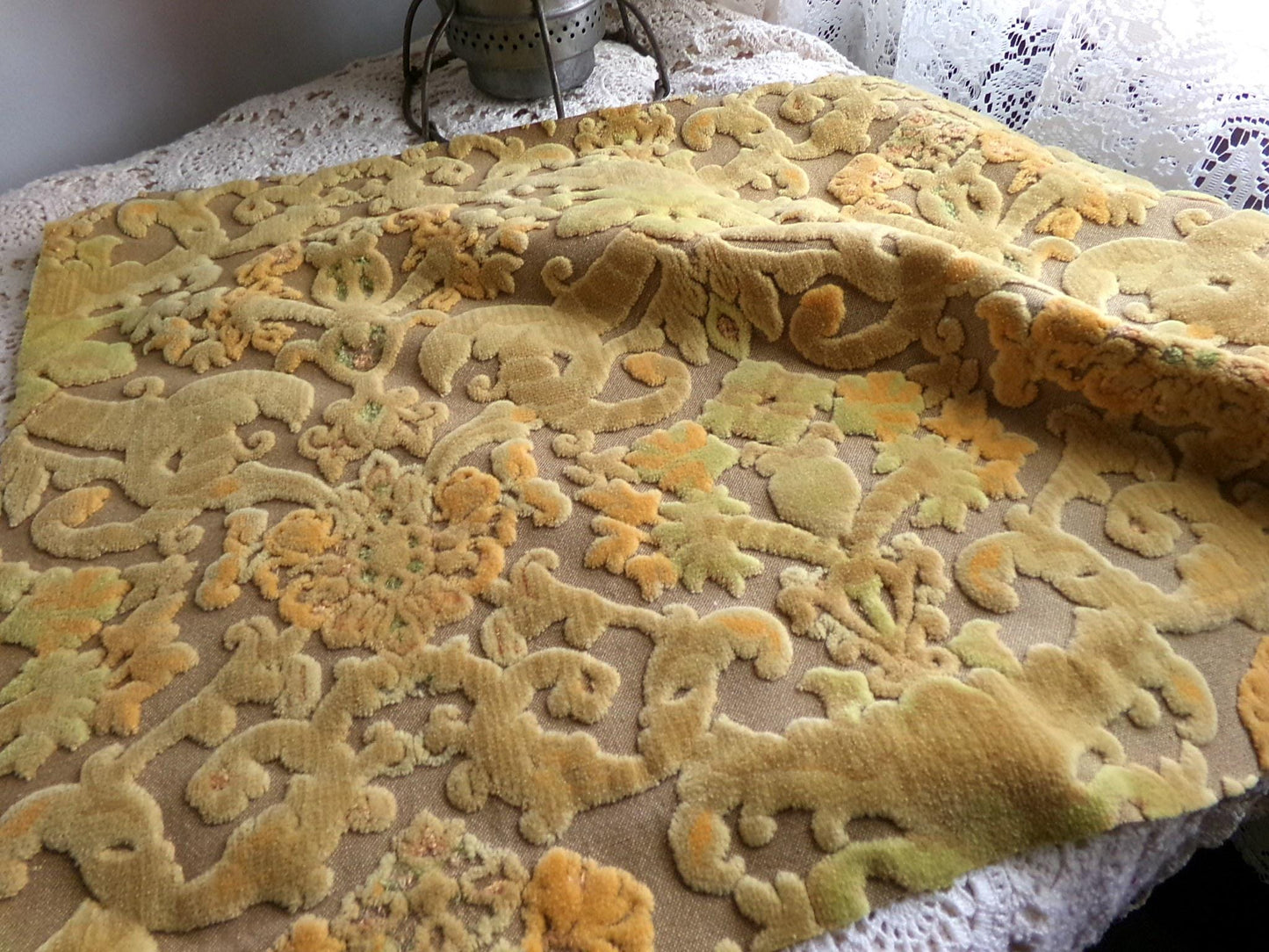 boho distressed cut velvet fabric, vintage Bates tapestry style chenille material, 20" x 14" piece, popular in handmade bags