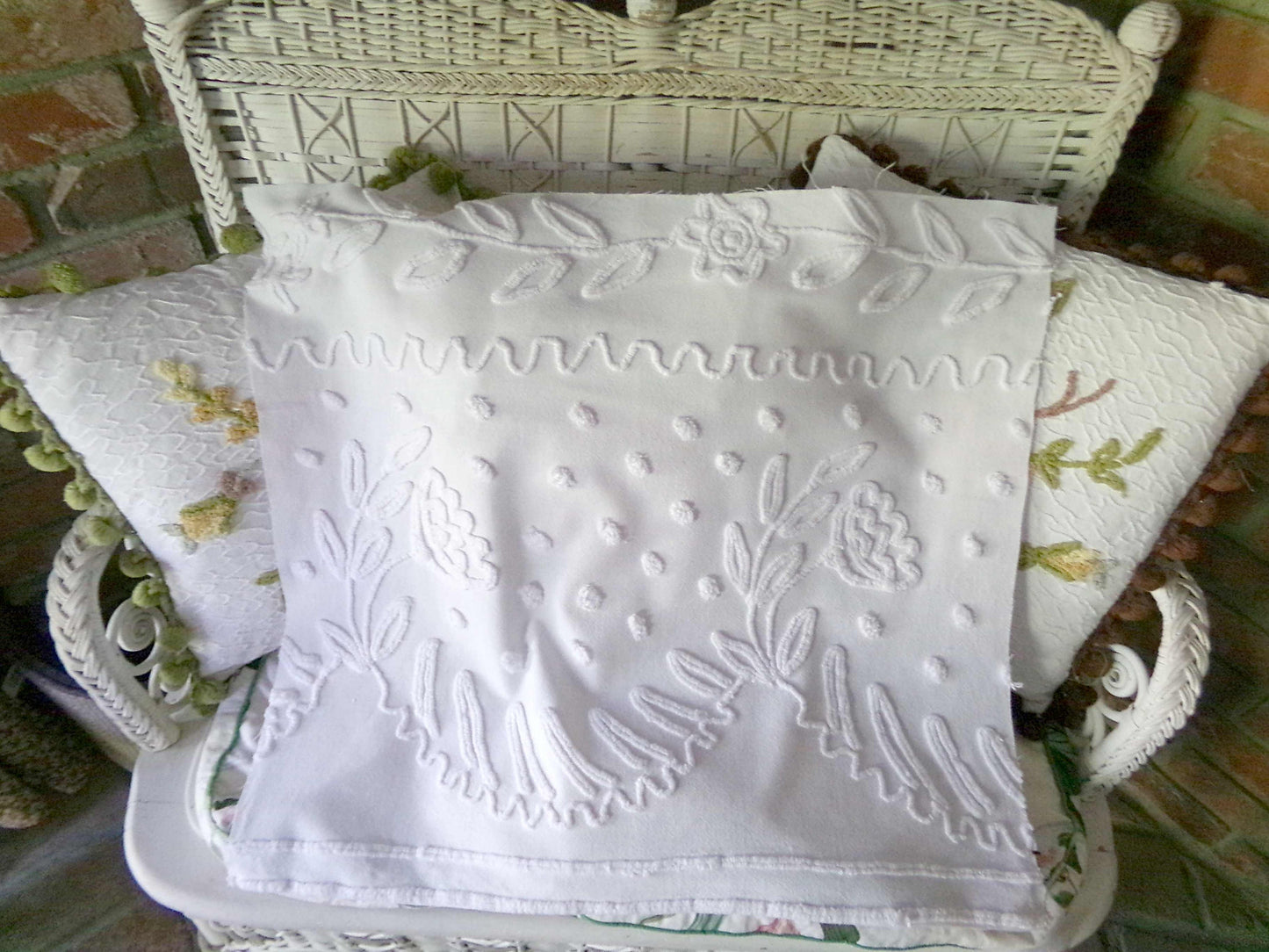 Farmhouse Floral White Vintage Chenille Fabric, 20" x 23" inch Piece, Timeless & Elegant