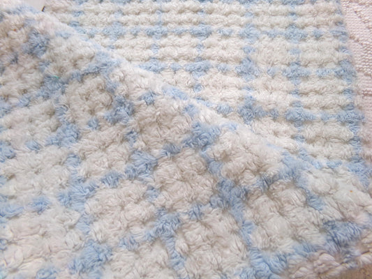 blue & white check vintage chenille fabric, cottage style plaid design, 20" x 24" cut piece for quilting, pillows