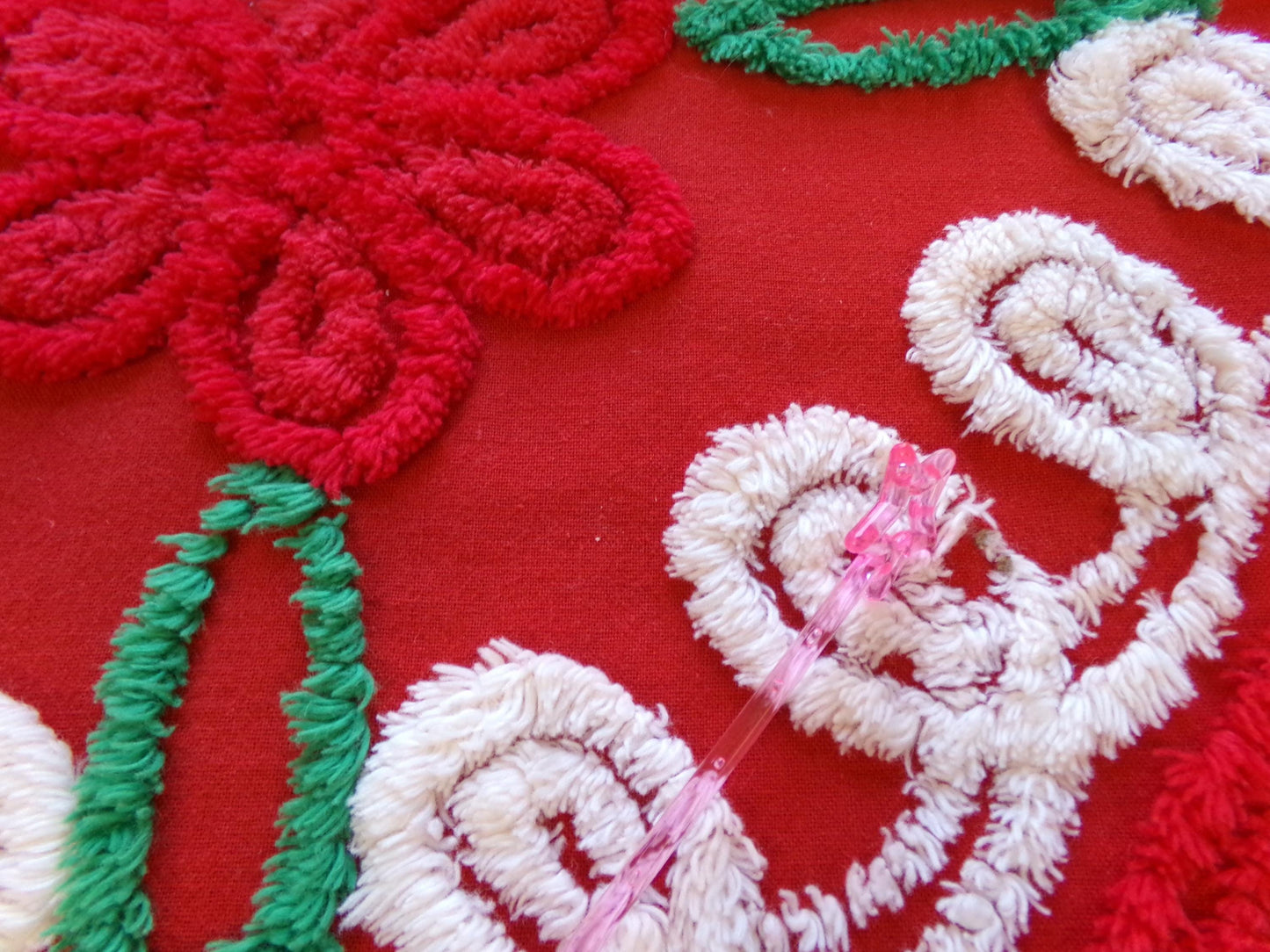 Christmas Heart Vintage Chenille Fabric, Festive Red & White for Crafts, Quilting, 20" x 25" Cut Piece