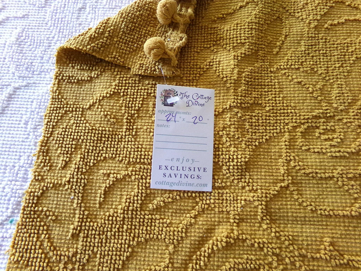 boho rose hobnail chenille fabric, vintage saturated retro harvest gold woven sewing material with pom pom trim 20" x 24" inch reversible pc