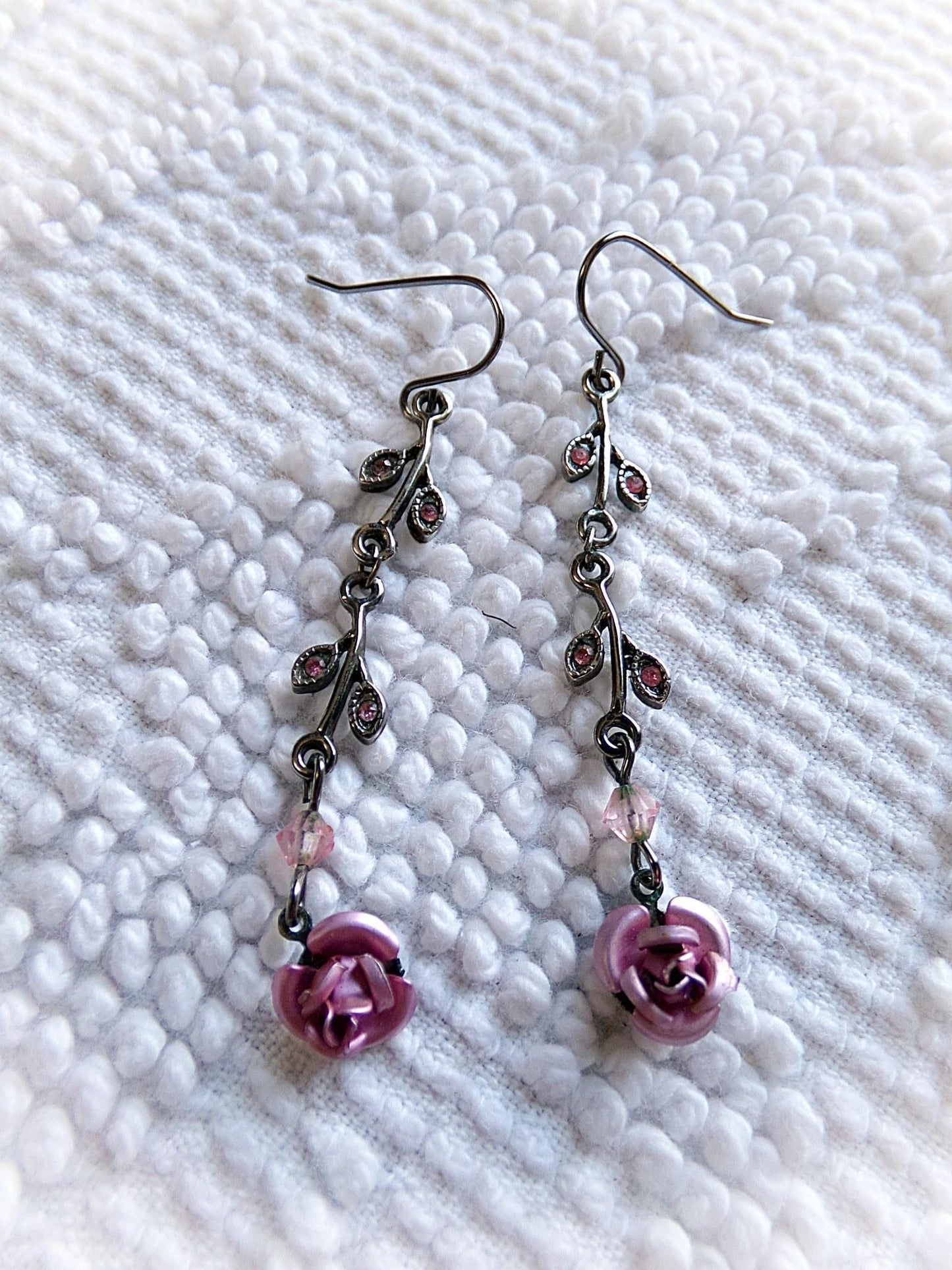 Simple Pink Rose Dangle Pierced Earrings, Vintage Silver Forest Boho Style Jewelry, Dainty Floral With Pink Faux Stones in Little Leaves