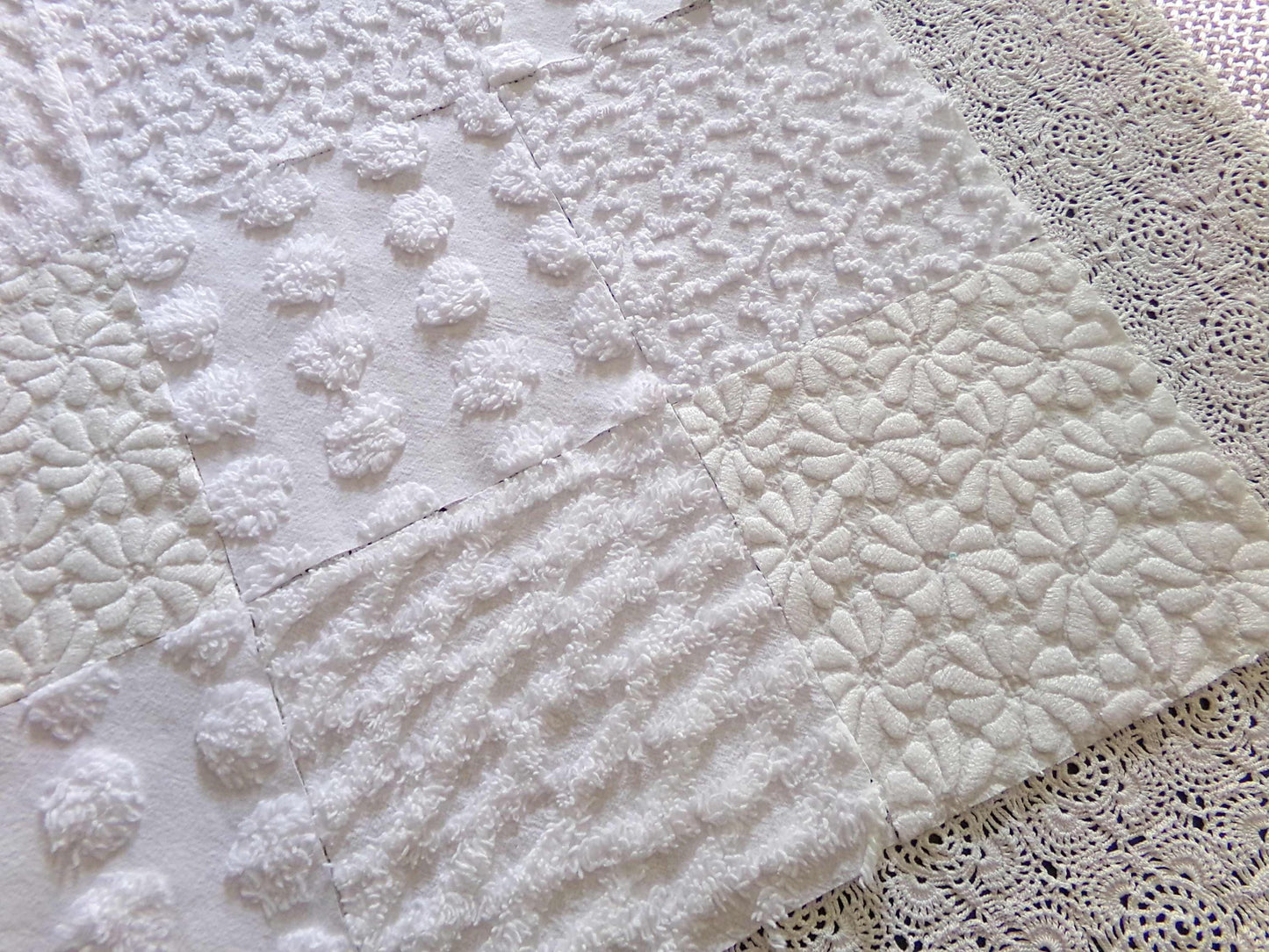 White Fabric Squares Cut from Vintage Woven & Chenille Bedspreads, *Daisies in Snow* Shades of White, 16 Quilt Blocks, 6" x 6" inch each