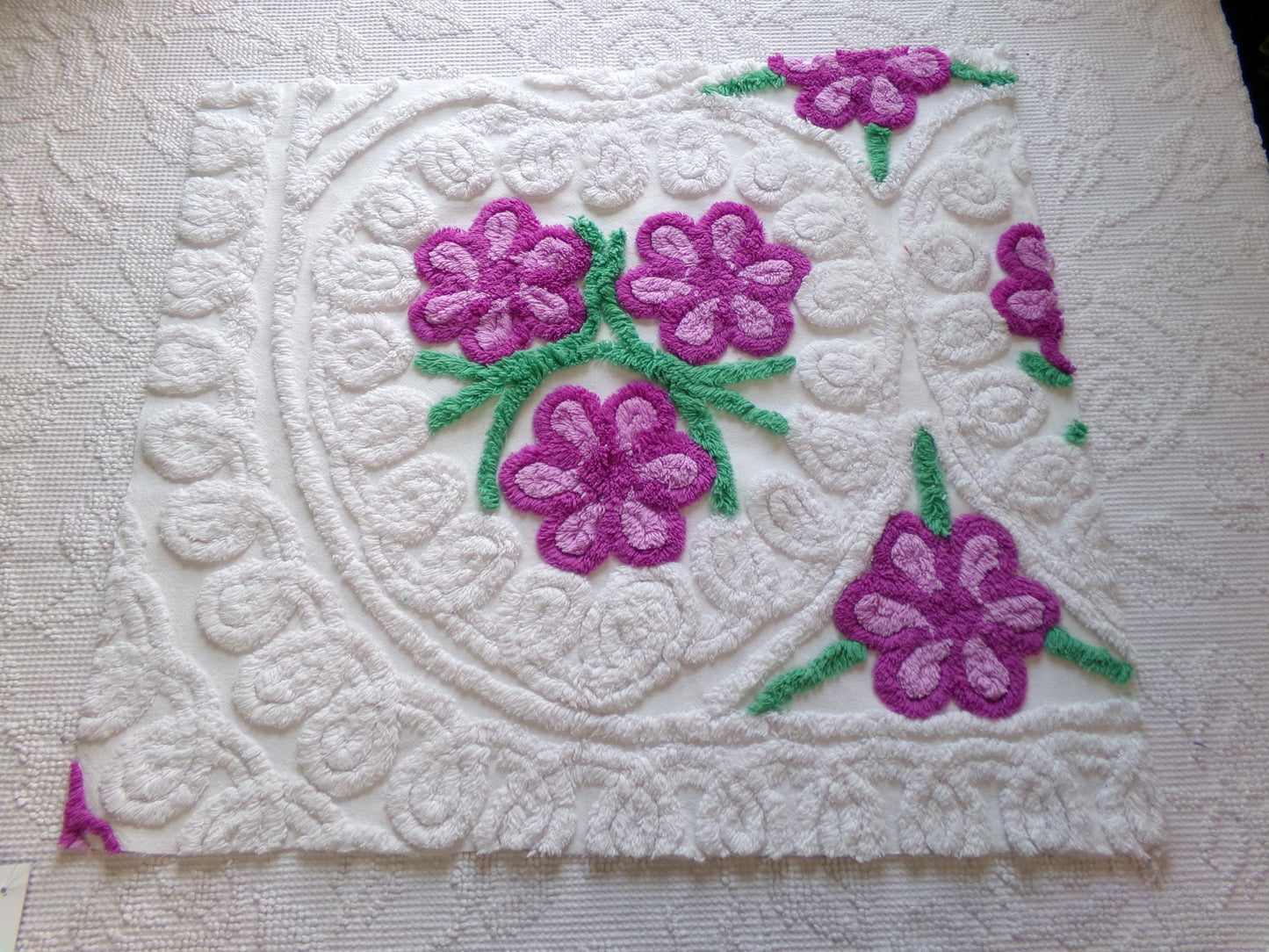 Whimsical Violets Vintage Chenille Fabric, 18" x 20" Inch Piece Plush White Cotton Sewing Material, Great for DIY Pillow