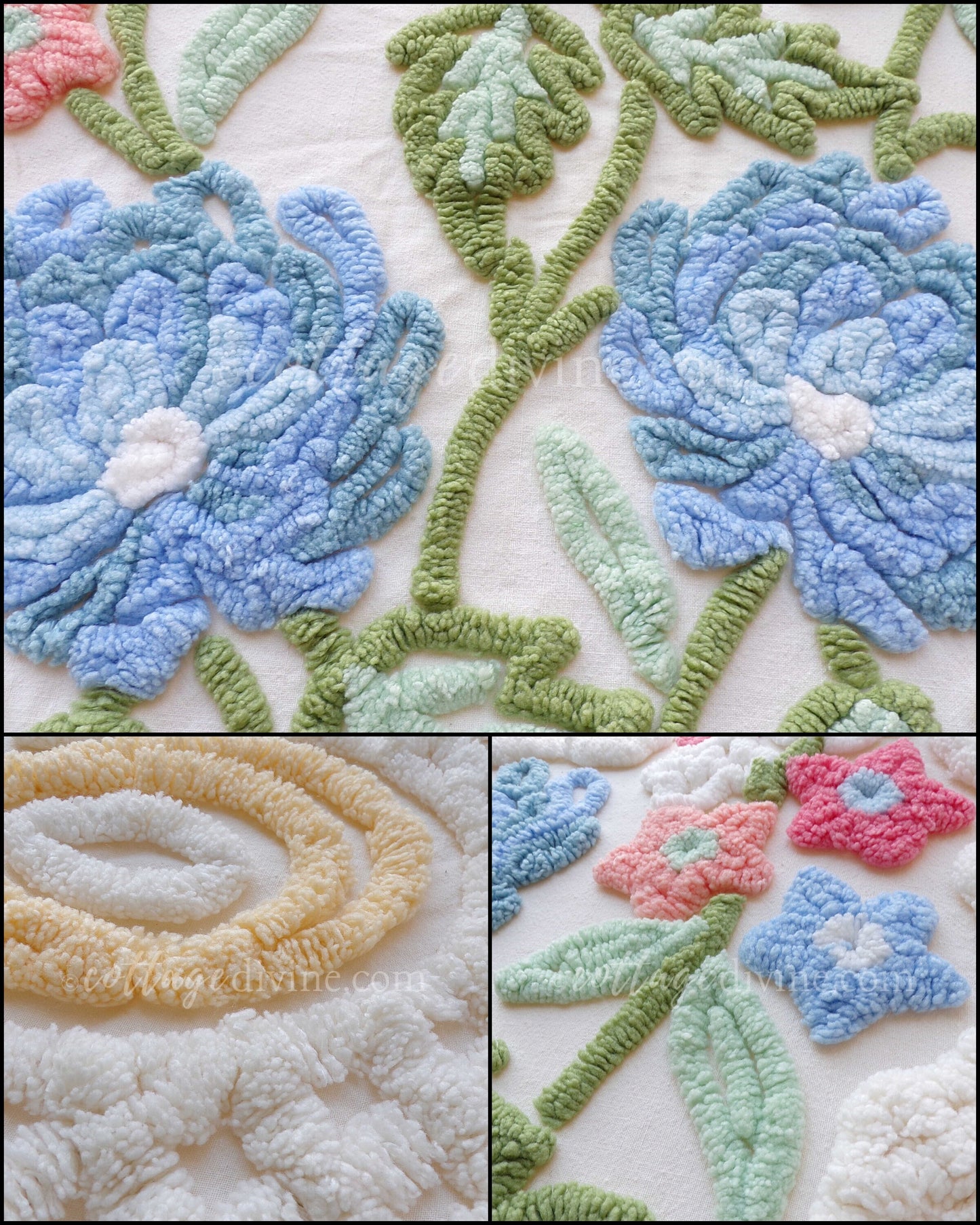 Luxury Buttercream Vintage Chenille Bedspread in Heirloom Garden Wildflowers, Full Size Boxed Fit Design with Ruffle Skirt