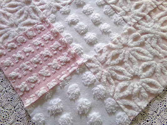 Pink Wink Quilt Squares Set from Vintage Chenille Bedspread Fabric, 16 Blocks, 6" x 6" inch