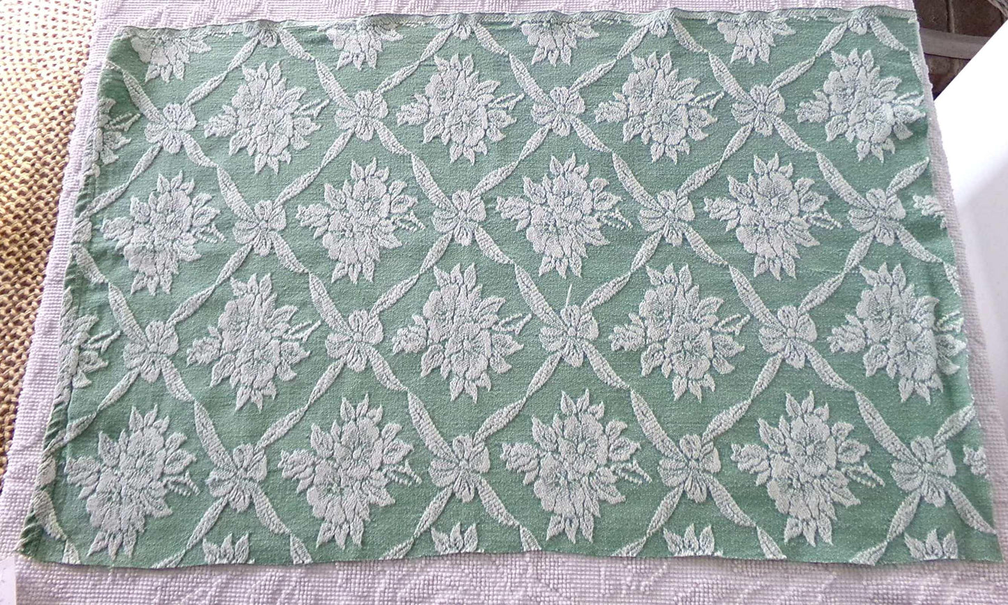 shabby cottage jade rose woven fabric, reversible sewing material from vintage bates bedspread, 20" x 30" piece for pillows, quilting