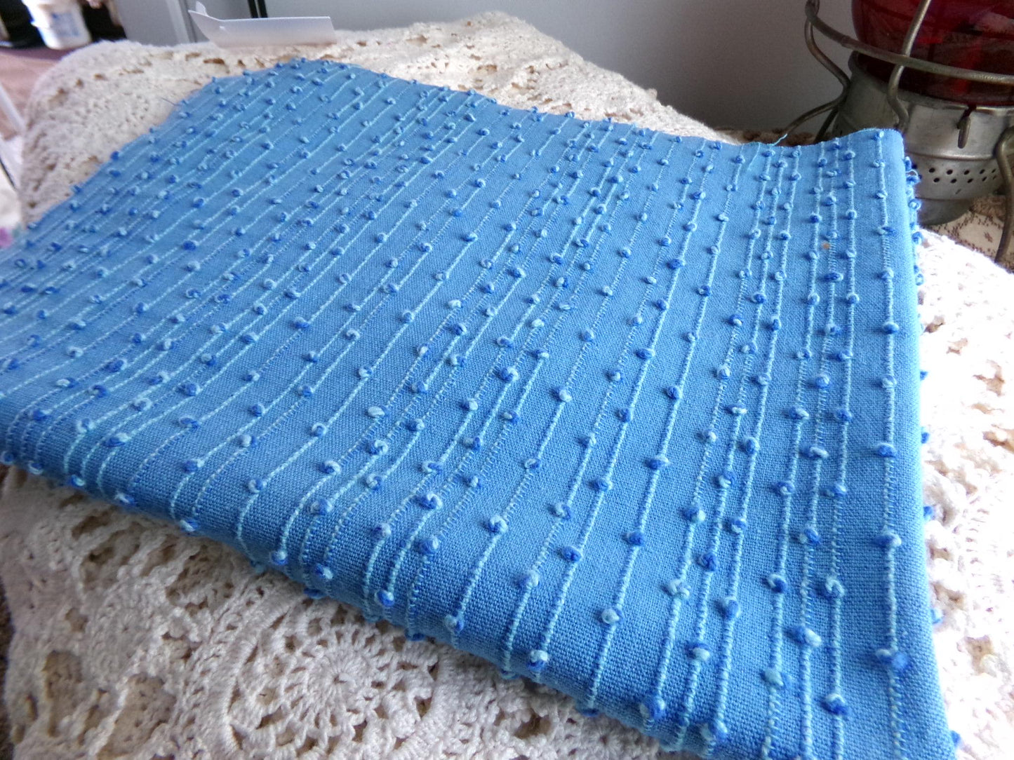 baby raindrops vintage woven chenille fabric, tiny marbleized raised blue dots, great texturized sewing material, 20" x 24" cut piece