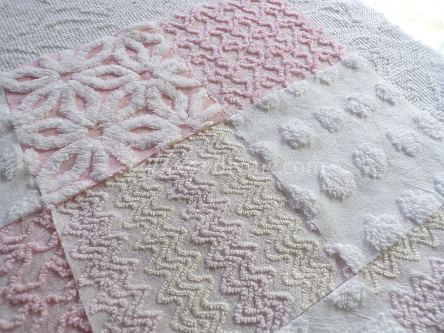 Dainty Pinks Chenille Quilt Squares Set from Vintage Bedspread Fabric, 16 Blocks, 6" x 6" inch