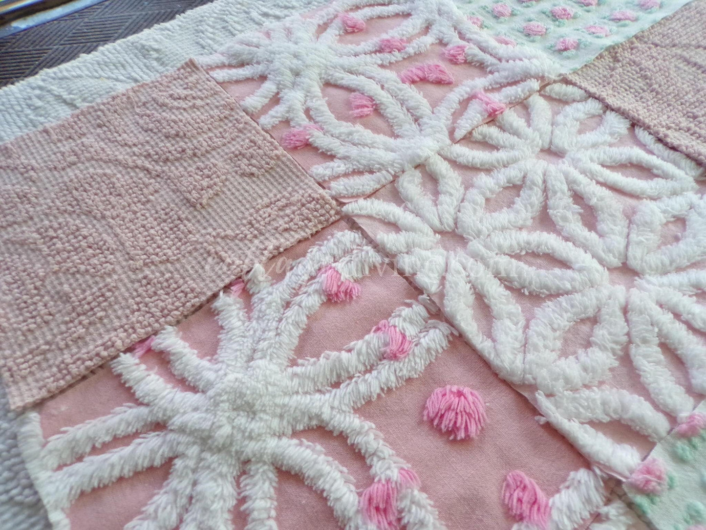 angel pinks vintage chenille fabric squares, rosebuds, daisy patterns, set of 16 quilting blocks, 6" x 6" each, pretty in patchwork pillows