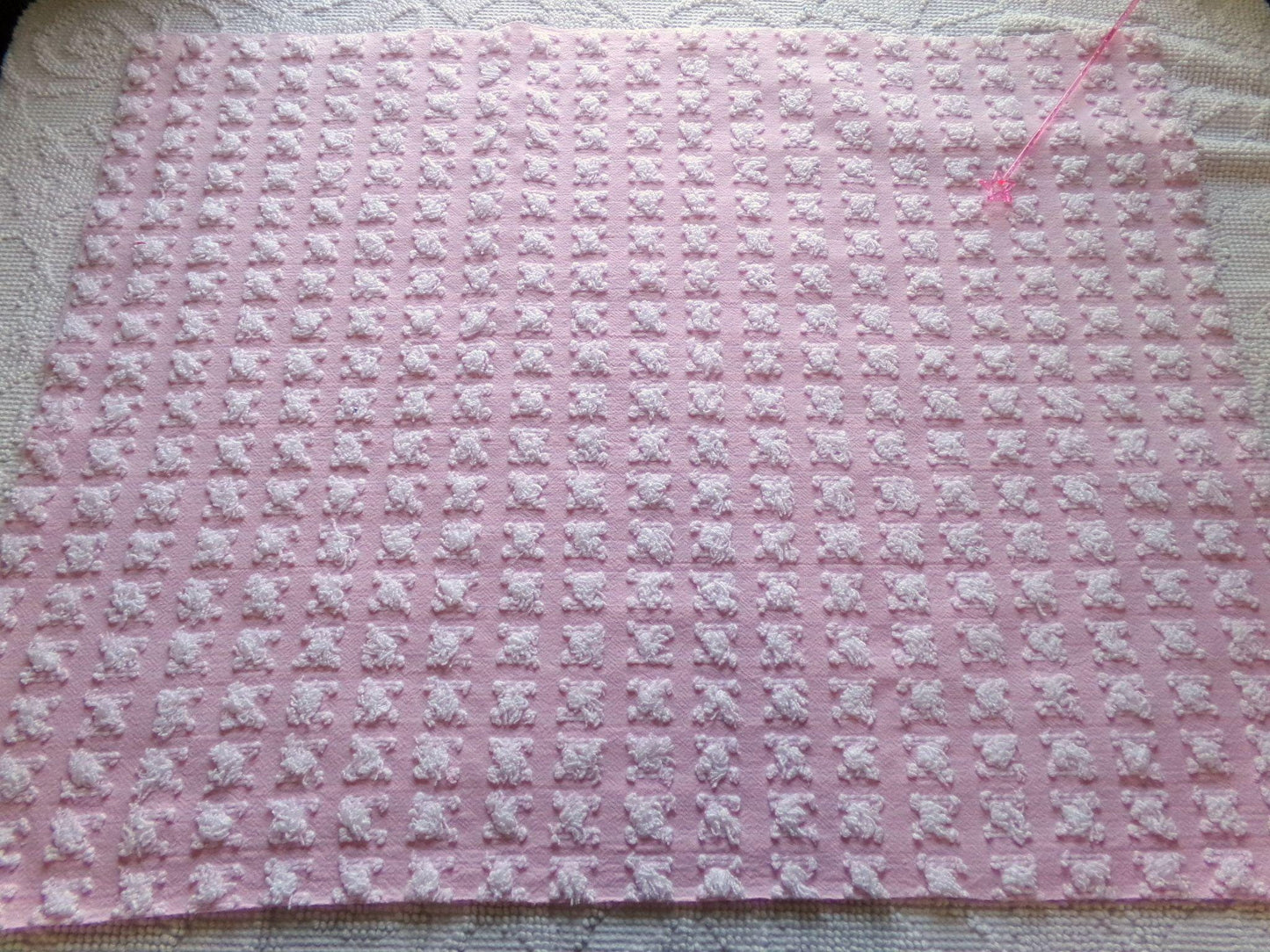 Lovely Carnation Pink & White Rosebud Vintage Chenille Fabric, Gentle Ombre Variations, 19" x 25" Inch Piece, Popular in Handmade Quilts