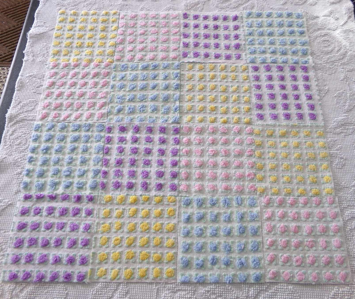 Premium Rosebuds Medley of chenille fabric squares, quilt square set cut from Vintage Chenille Bedspread Fabrics, 16 Blocks, 6" x 6" inch