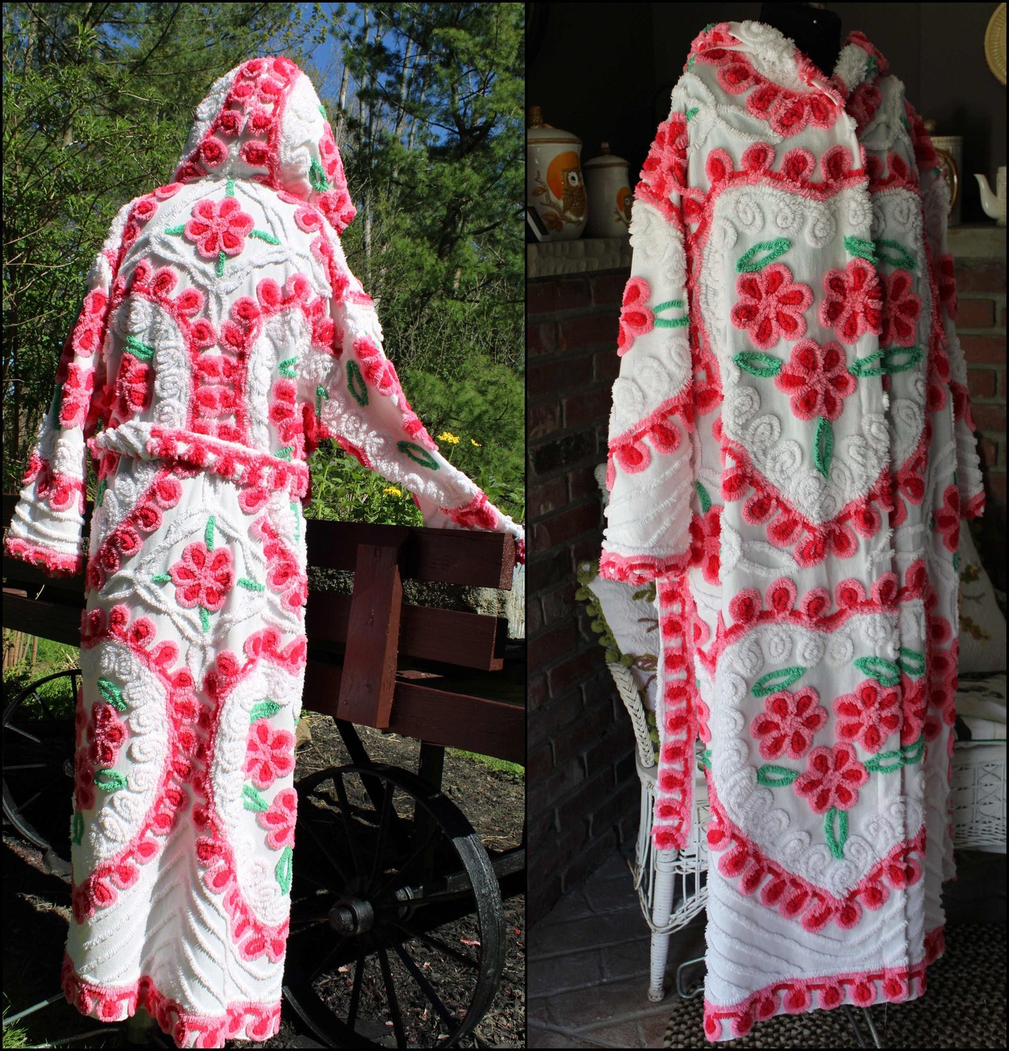 Hooded Chenille Robe in Pink Hearts & Flowers, Cozy Cute Medium / Large Hooded Vintage Style Women's Bathrobe