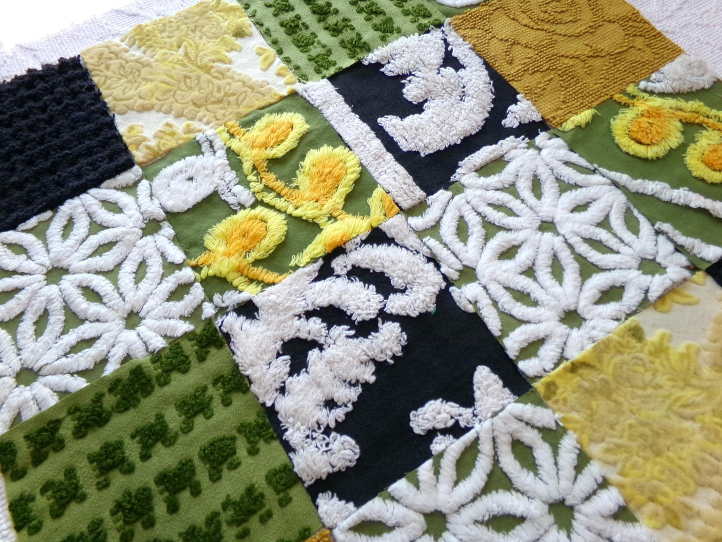 bewitching blend of vintage 6" chenille squares, set of 16 quilt blocks, rotary cut from boho vintage chenille bedspread fabrics