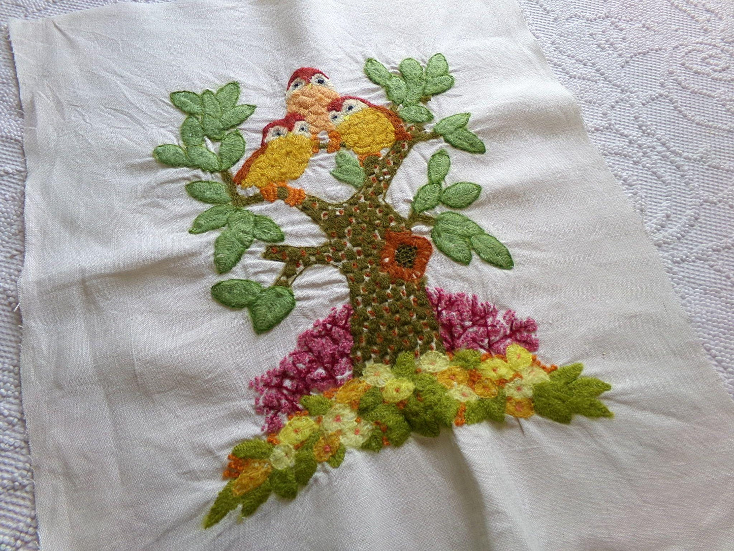 Hippie Fairytale Owl Embroidery Finished 1970s Piece, "Winkin, Blinkin & Nod," Cute Completed Paragon Crewel Stitchery 02236x, 16" x 19"