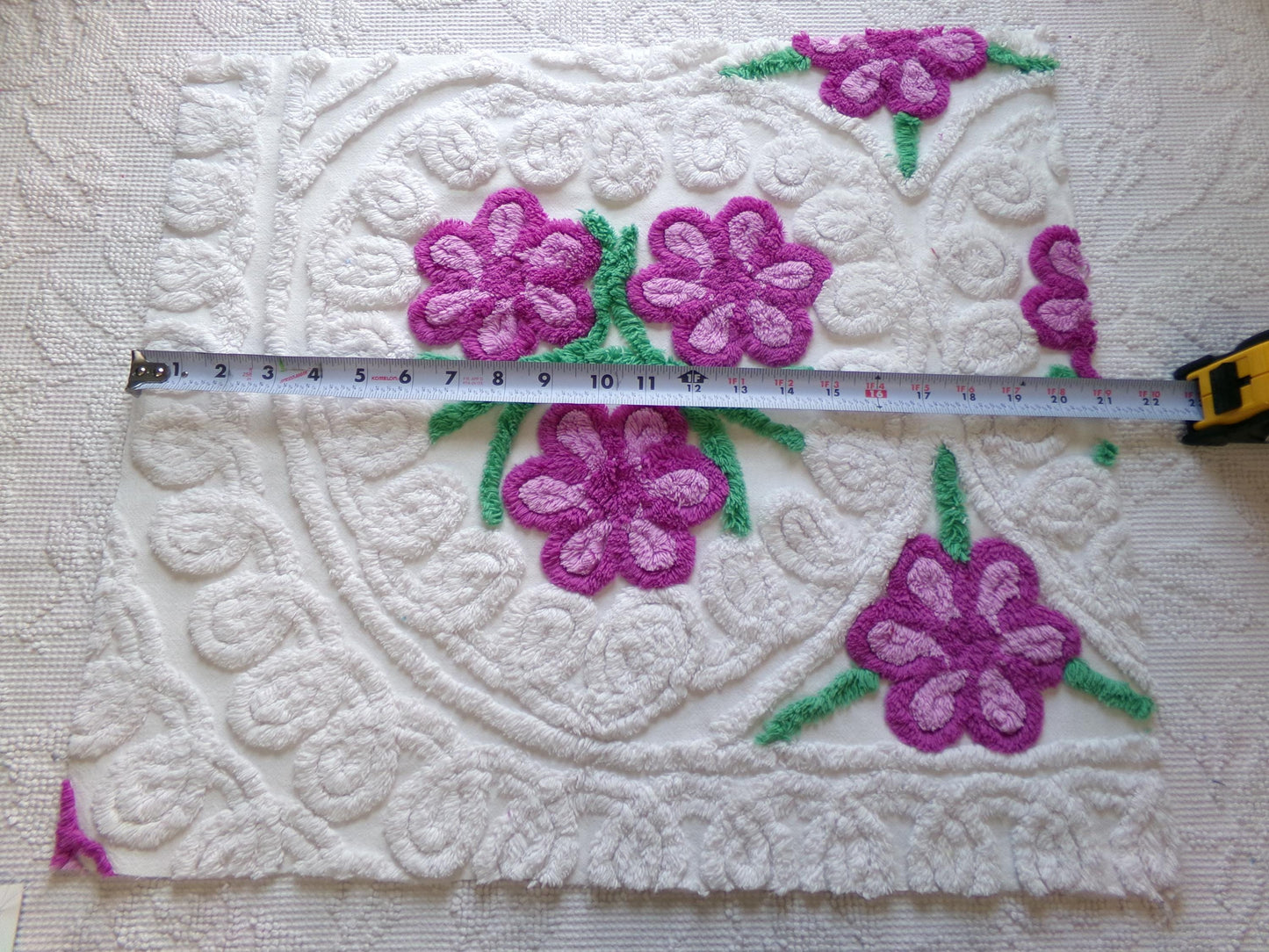 Whimsical Violets Vintage Chenille Fabric, 18" x 20" Inch Piece Plush White Cotton Sewing Material, Great for DIY Pillow