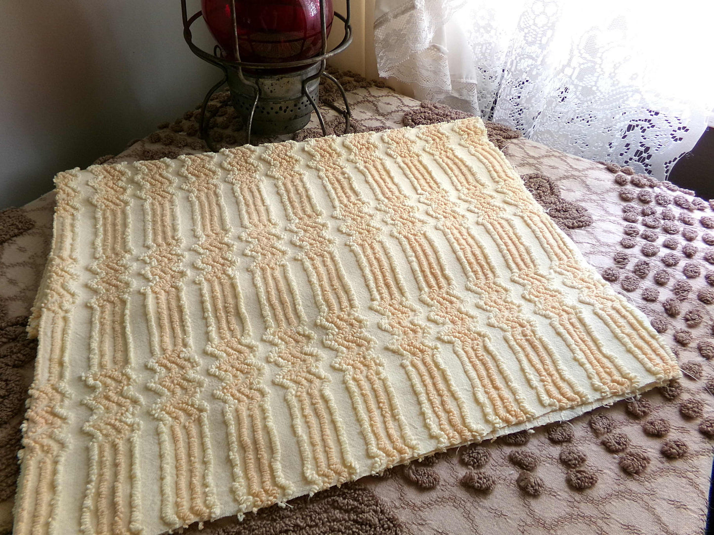 cosmic vintage chenille fabric in fantastic yellow lightning strike pattern, 19" x 30" cut fabric piece w/ needletuft zig zag zaps