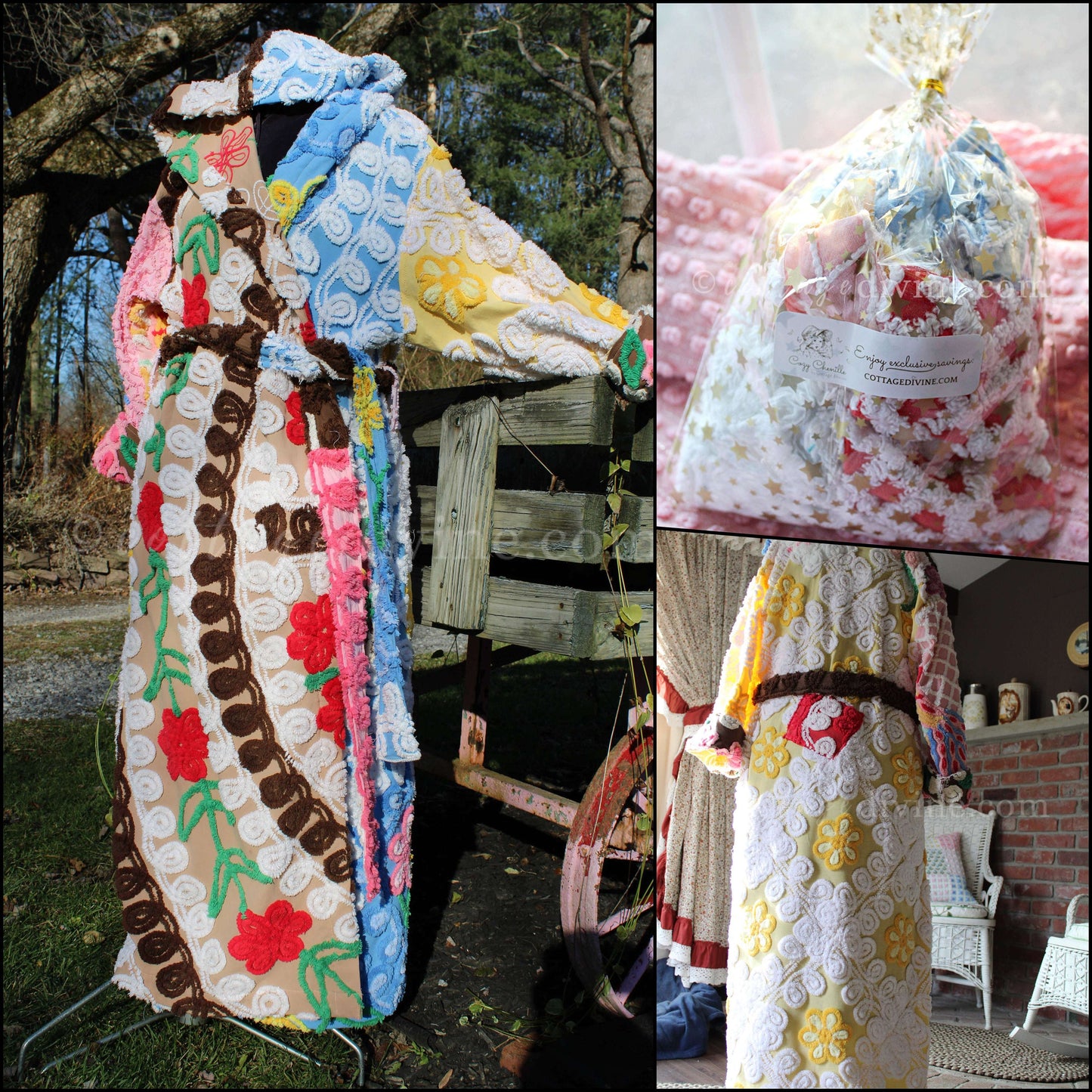 Shabby Patchwork Vintage Chenille Robe, Ladies M/L HOODED Bathrobe, Upcycled Art to Wear