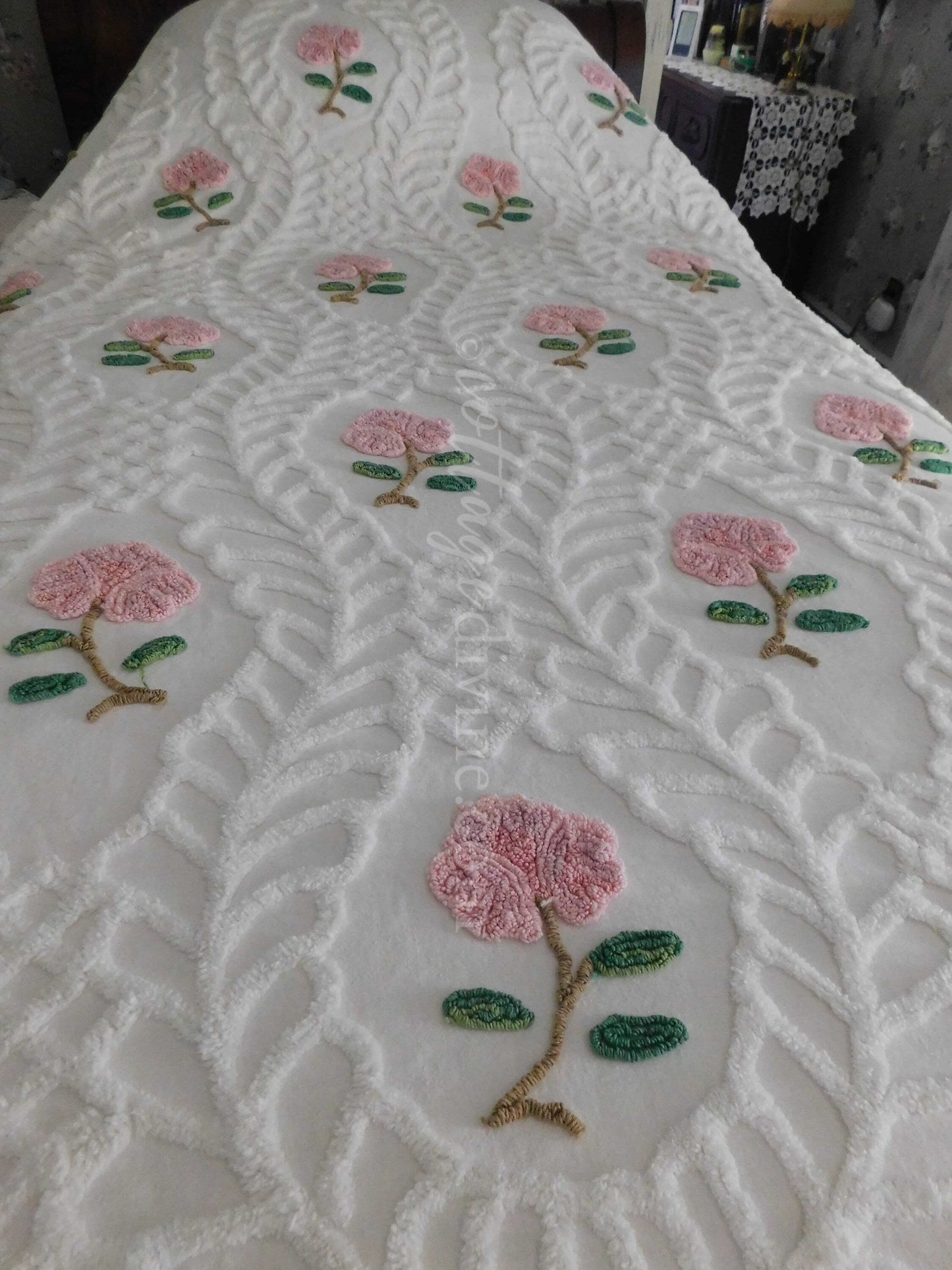 Heirloom Rose Vintage Chenille Bedspread, Full Size, JELDI AUSTRALIA, Cotton, Ruffled Skirt