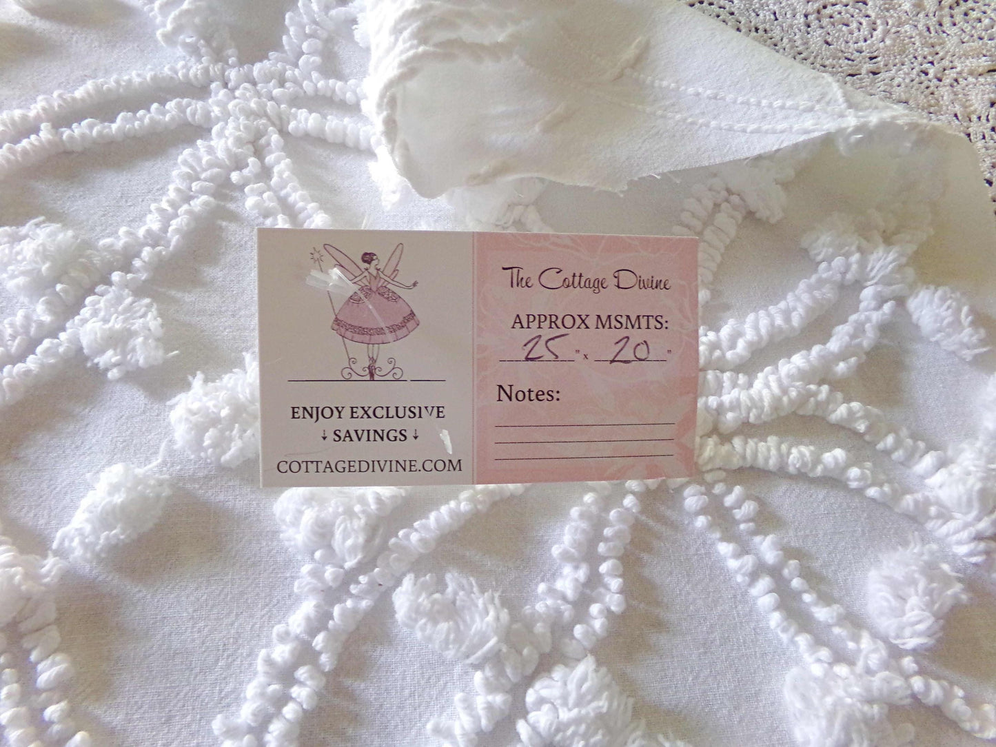Traditional White Vintage Chenille Fabric in Classic Wedding Ring Pops Design, 20" x 25" Inch Piece, Versatile in Pillows, Quilts & Crafts