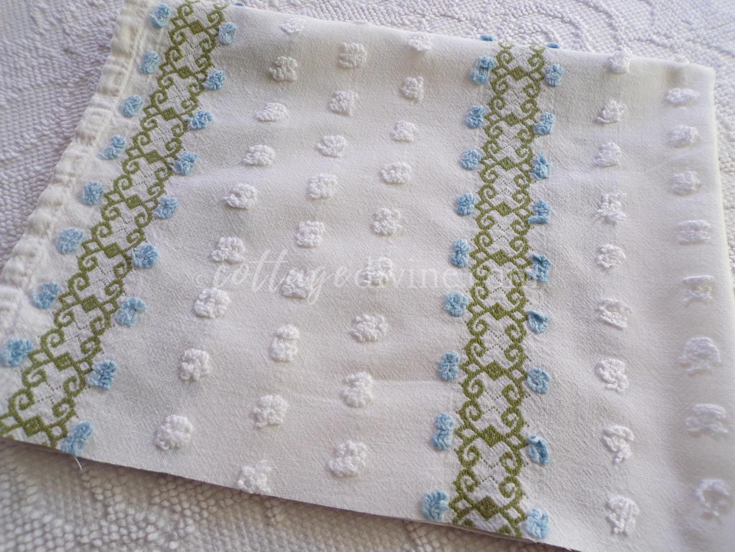 delicate vintage chenille fabric in abstract blue ivy rosebuds & white pops, 26" x 21" inch piece of quilt sewing material