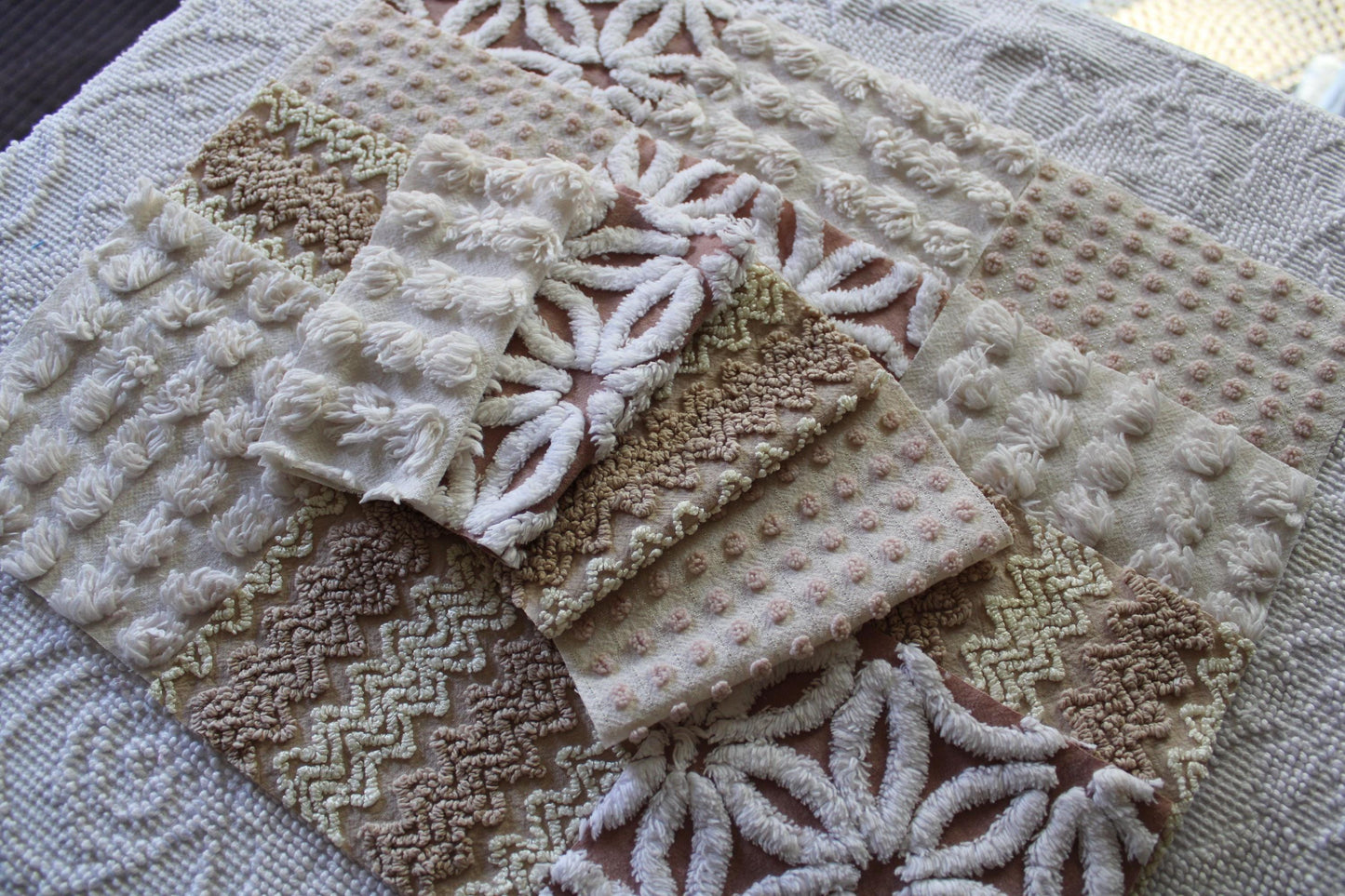 creamy vanilla mocha chenille fabric squares, set of 16 vintage quilt blocks 6" inches ea, daisy, squiggle, puffy pop texture