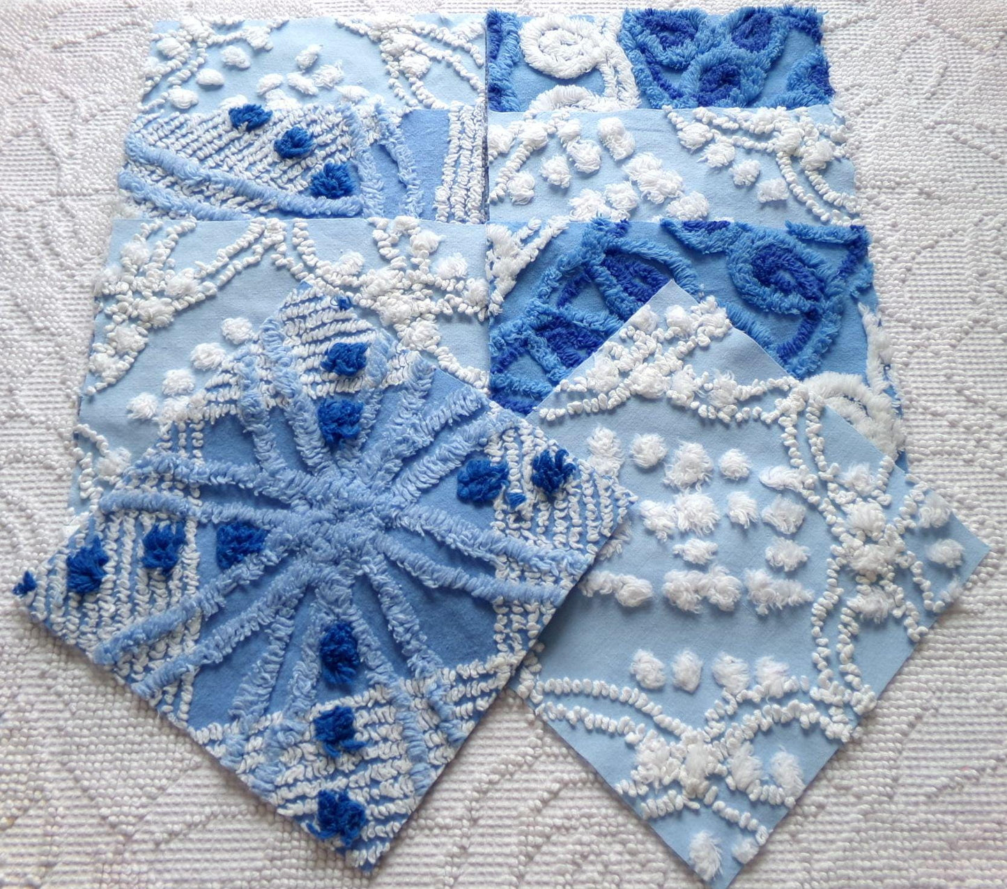 starry mystic chenille fabric squares, set of 8 vintage 7.5" quilt blocks, twilight blue & white, for sewing, crafts, quilting