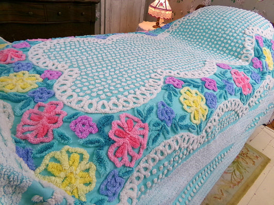 fairytale garden vintage chenille bedspread, colorful big flowers, white dots & curlicues on gorgeous aqua, full size cotton bedding