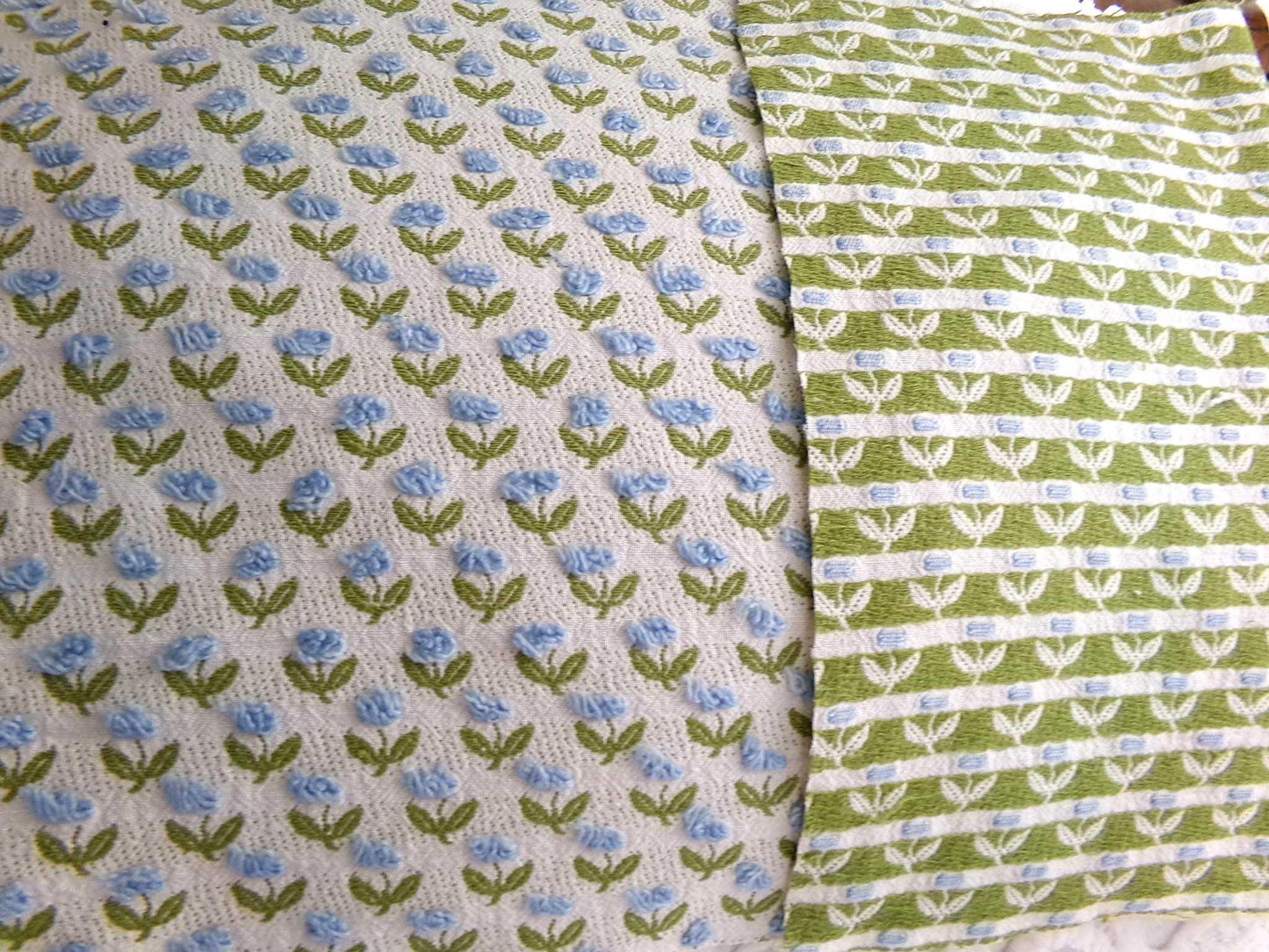 Tulip Garden Vintage Chenille Bedspread Fabric, Little Blue Flowers & Green Leaves, 12" x 24" inch Piece, Sewing Material for Quilts, Crafts