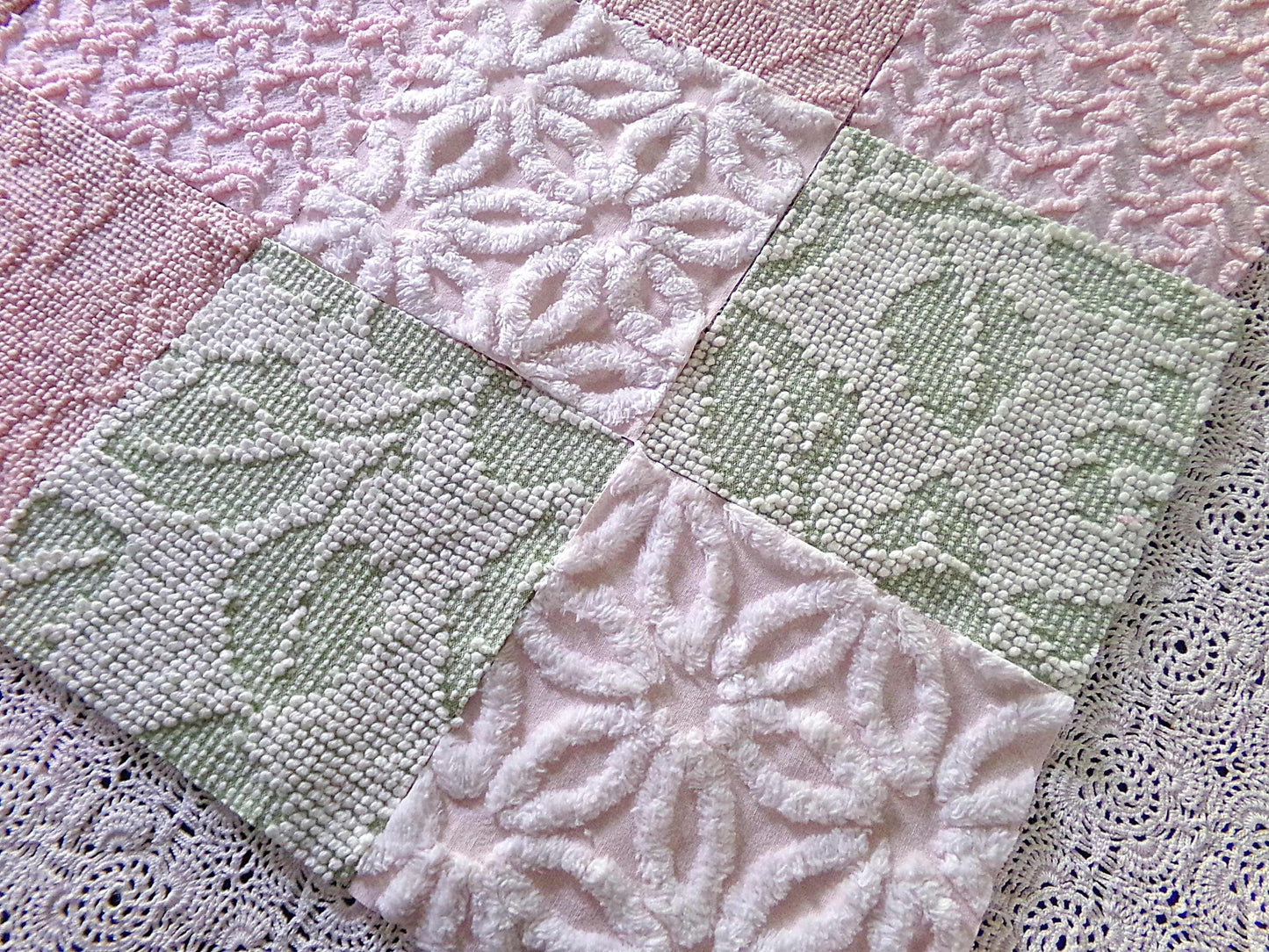 Garden Walk Chenille Quilt Squares Set from Vintage Bedspread Fabric, 16 Blocks, 6" inch in Sage Green, Pink, Rose Mist & Whispers of White