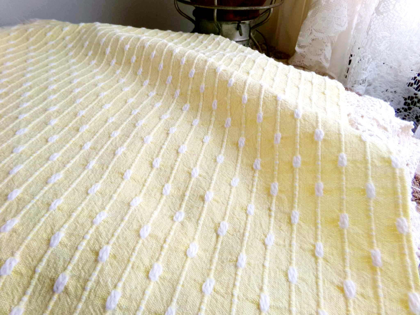 Sunny Yellow Vintage Woven Fabric With Tiny White Chenille Pearl Tufts, Lightweight 20" x 14" Piece